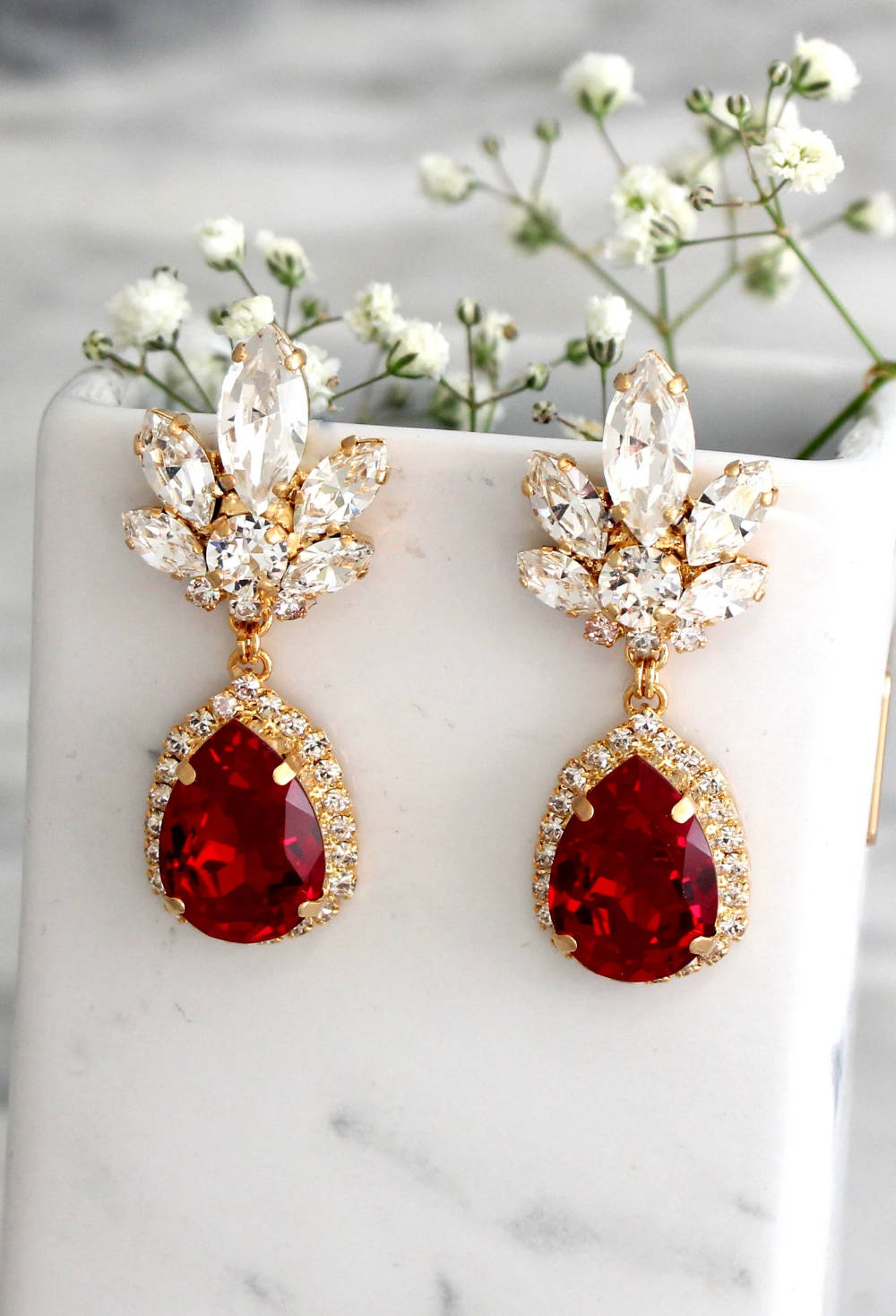 Red Crystal, tiny flowers, gold earrings, HD Phone Wallpaper