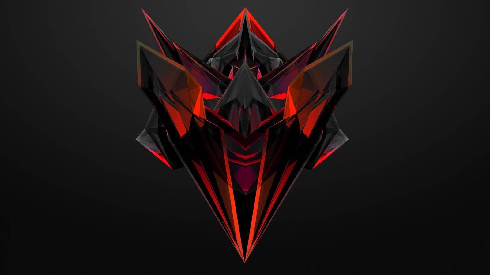 Red Crystal, geometric red and black abstract mask, glowing eyes, HD Desktop Wallpaper