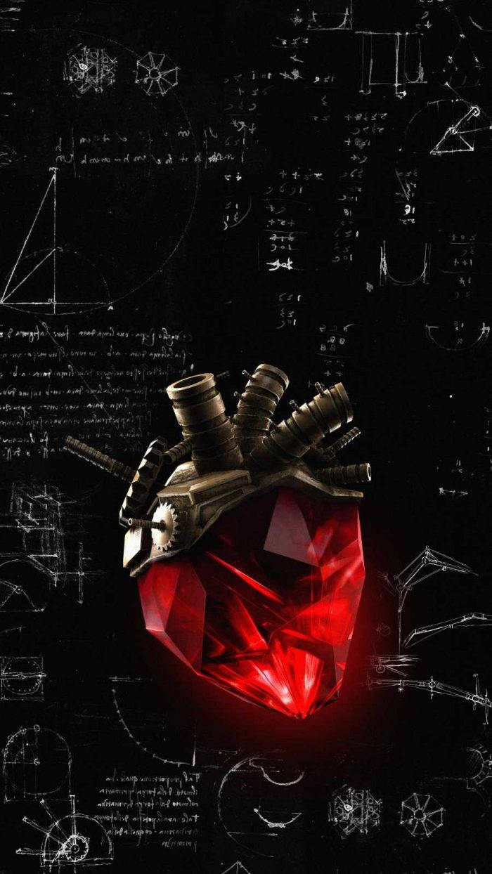 Red Crystal, glowing red gemstone heart, mechanical pipes, SD Phone Wallpaper