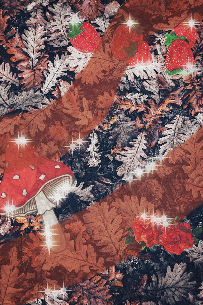 Red Cute Aesthetic, glowing red mushrooms, strawberries, SD Phone Wallpaper
