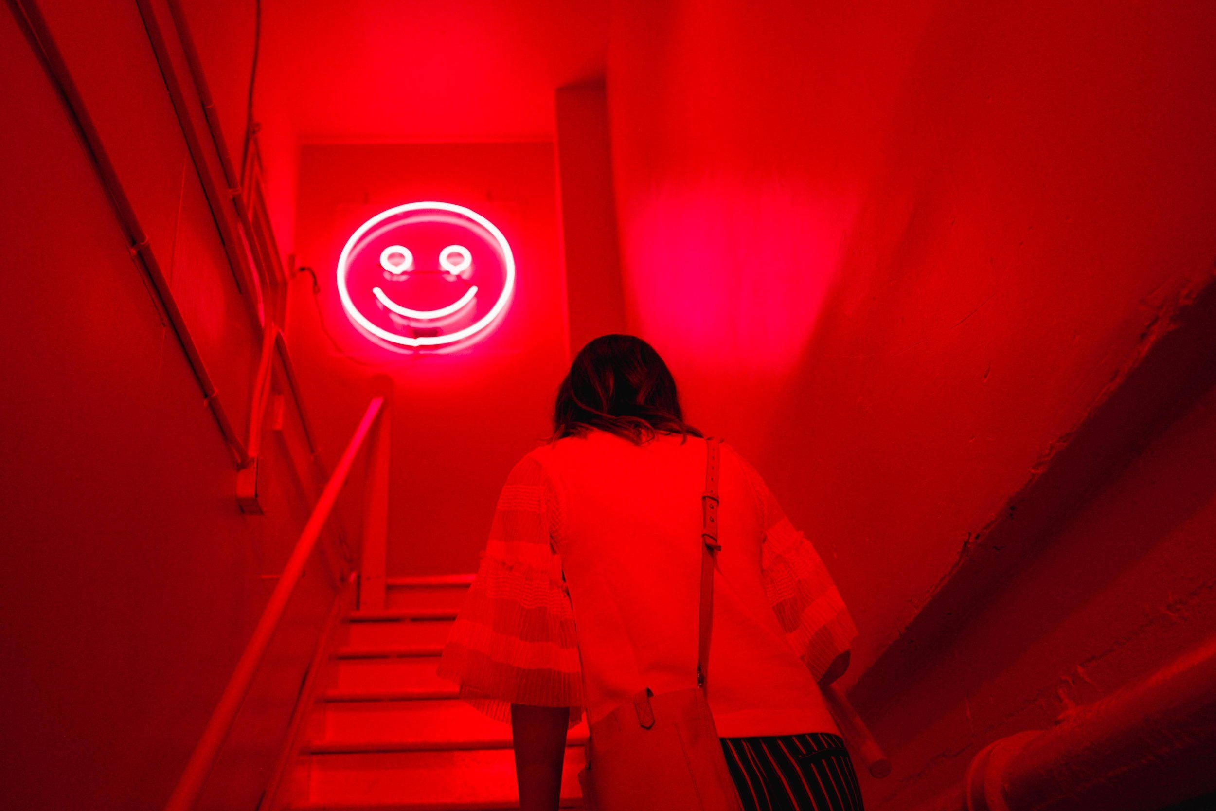 neon smiley face, red light, staircase, Full HD Desktop Wallpaper