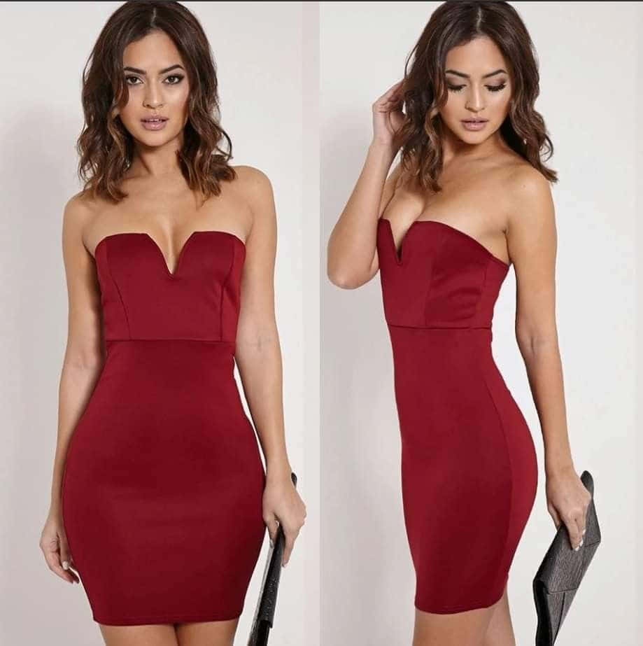 burgundy strapless dress, form-fitting, white background, SD Phone Wallpaper