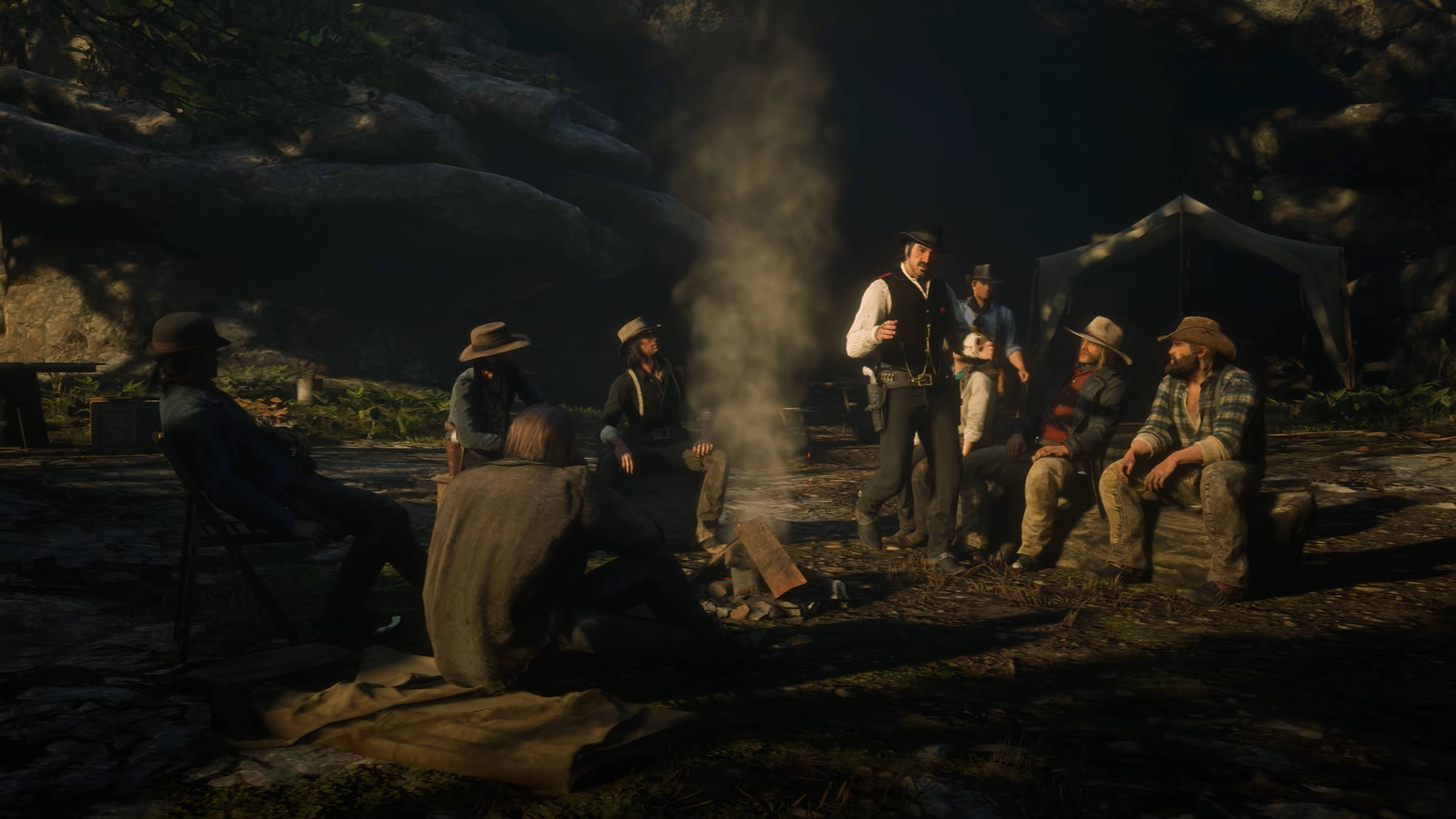 Red Dead Redemption 2, cowboys, campfire, 4K Desktop Wallpaper