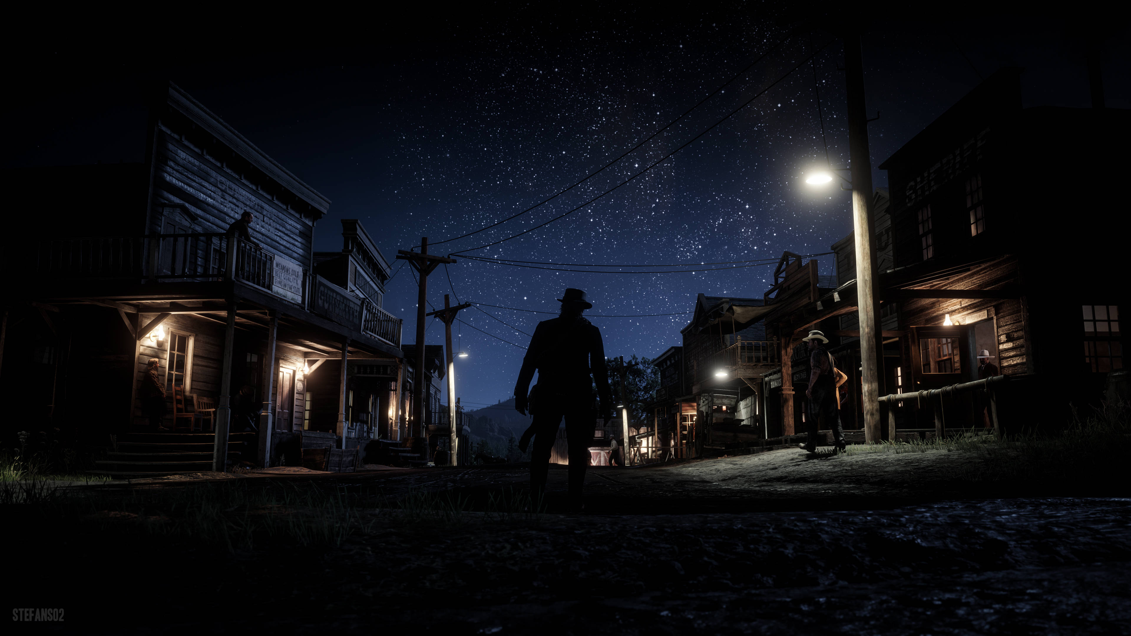 Red Dead Redemption 2, cowboy silhouette, starlit dusty western town, 4K Desktop Wallpaper