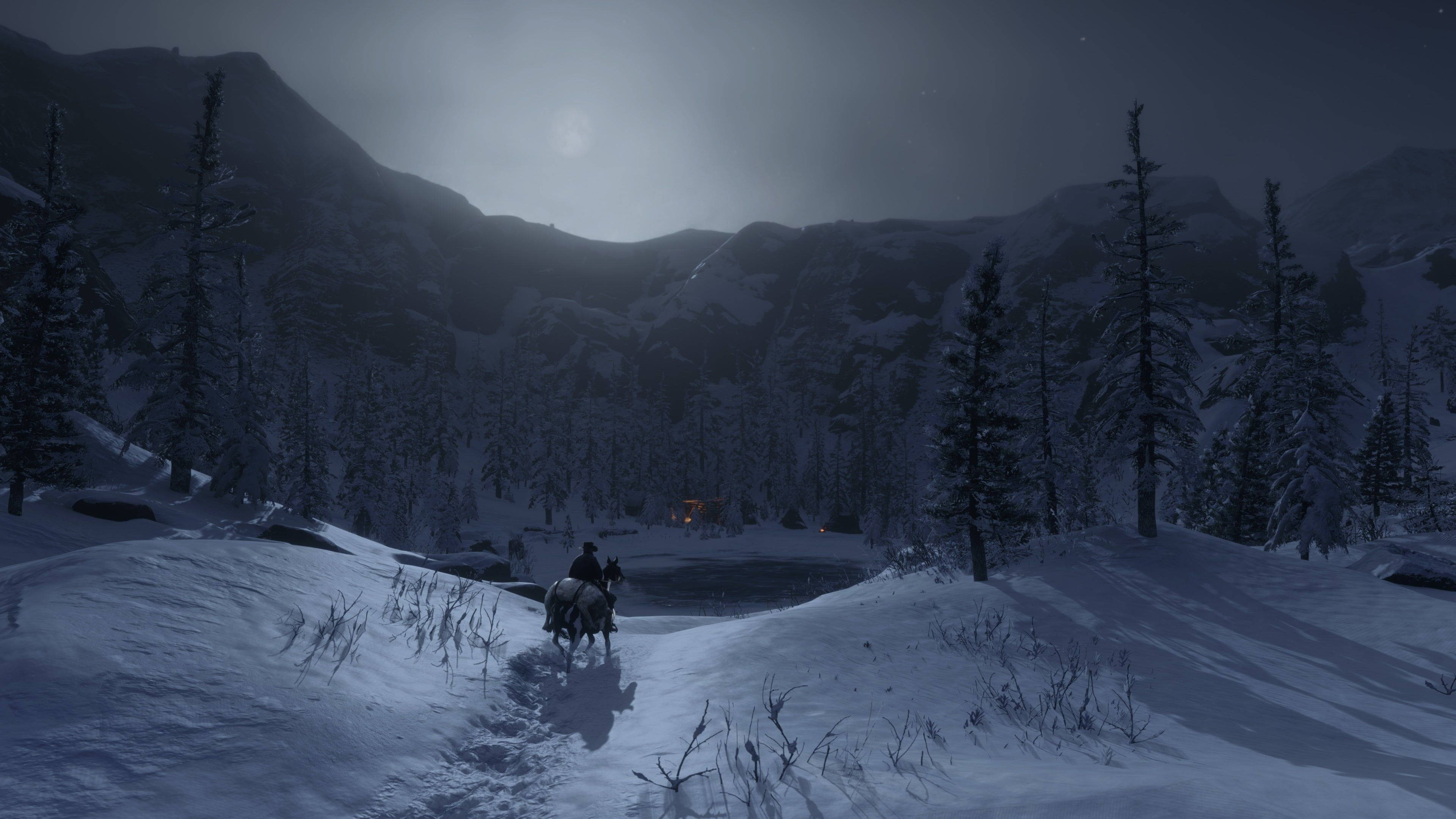 Red Dead Redemption 2, snowy mountains, lone rider, 4K Desktop Wallpaper