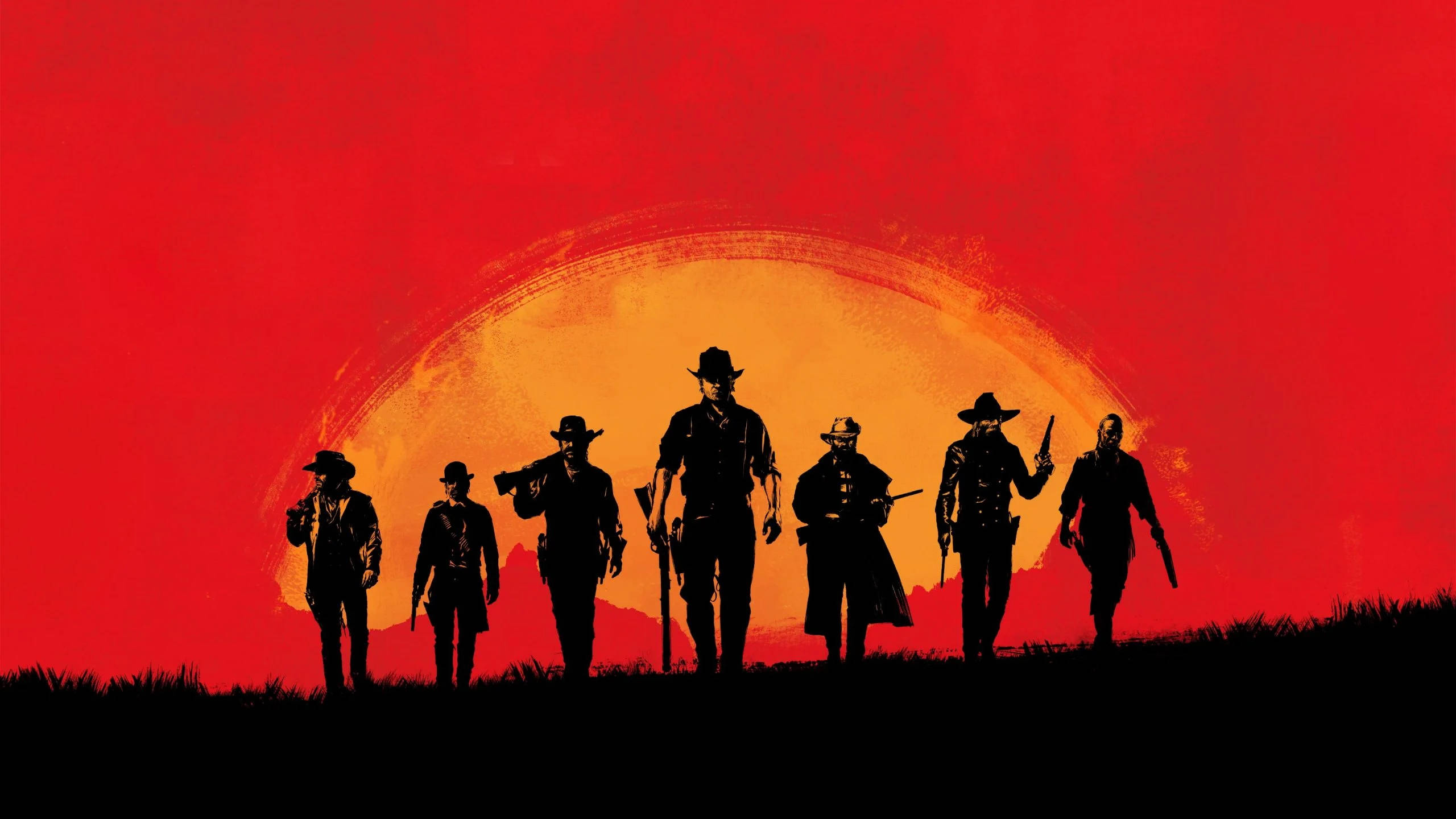 Red Dead Redemption 2, fiery red sunset, glowing orange sun, 2K Desktop Wallpaper