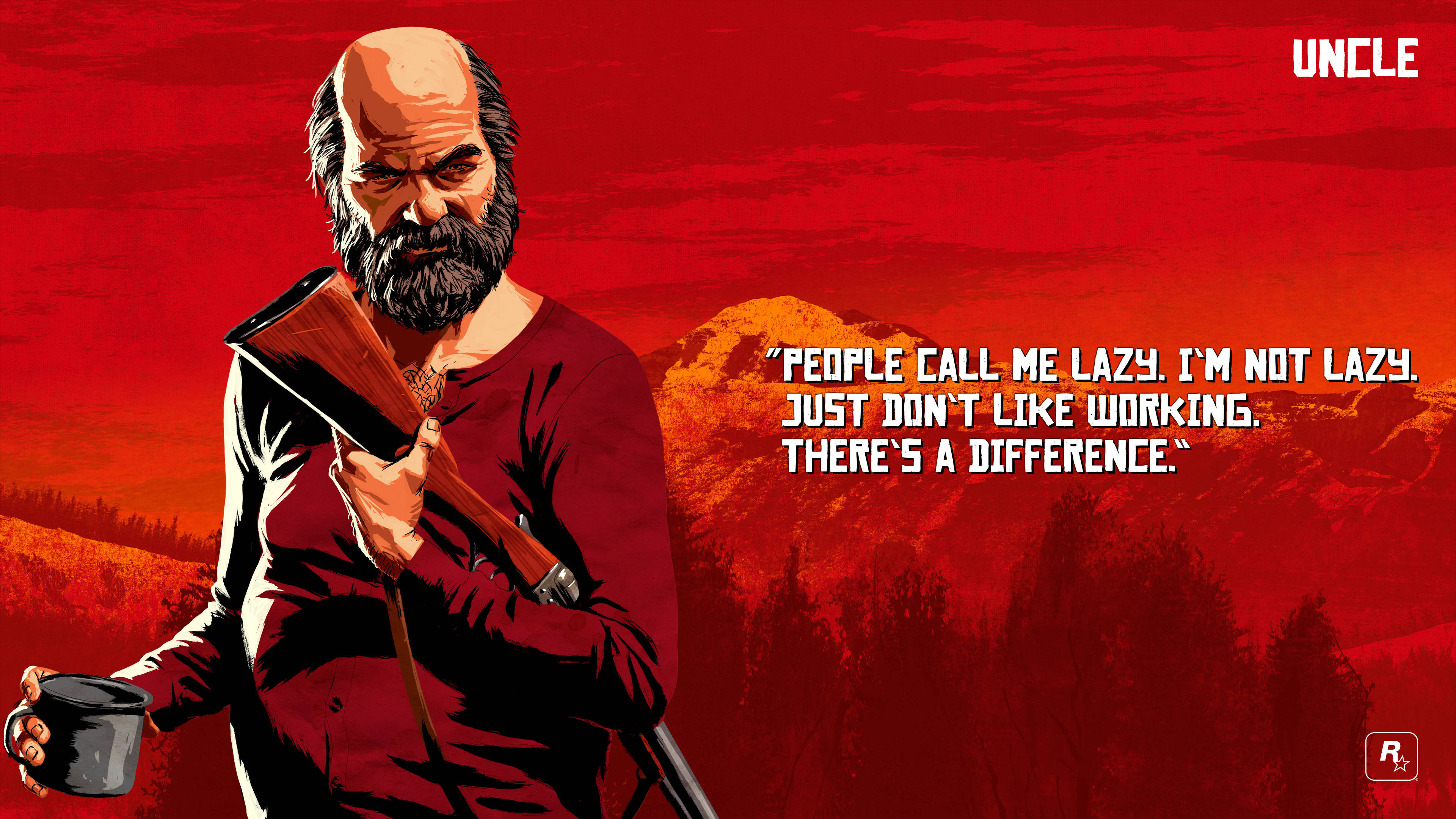 Red Dead Redemption 2, uncle, fiery red mountainous backdrop, 4K Desktop Wallpaper