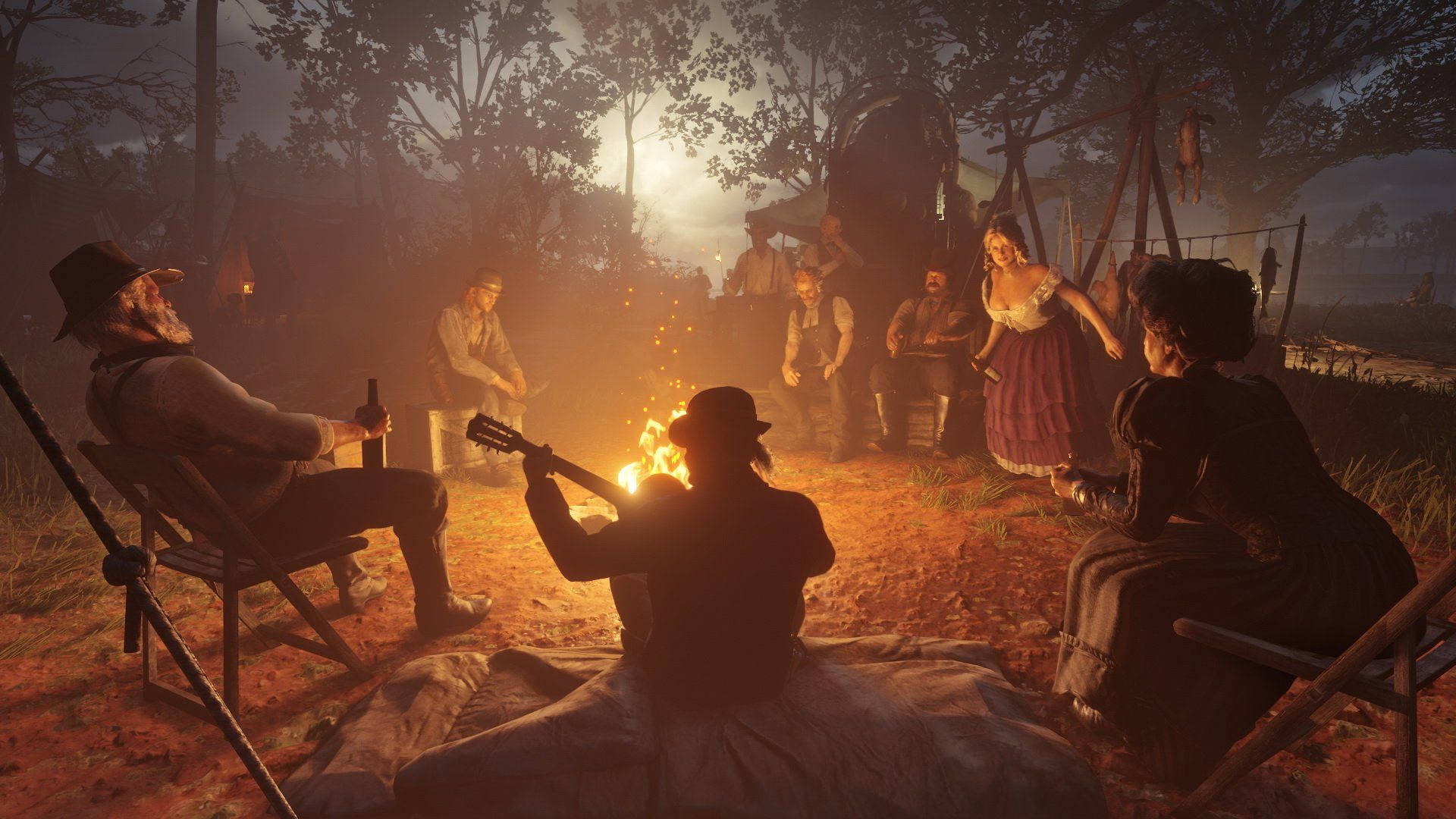 Red Dead Redemption 2, campfire, misty forest, Full HD Desktop Wallpaper