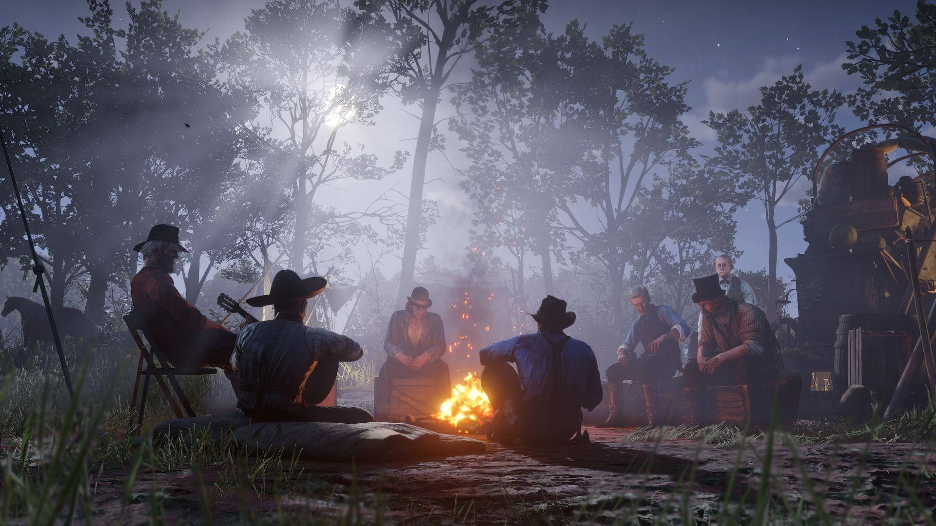 Red Dead Redemption 2, campfire, misty forest, Full HD Desktop Wallpaper