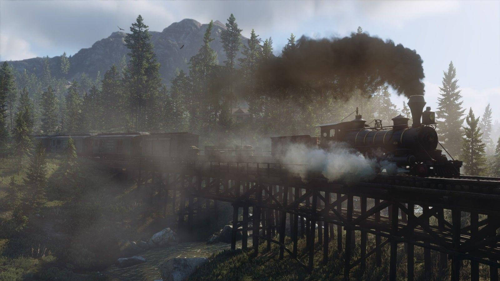 Red Dead Redemption 2, steam train, wooden trestle bridge, HD Desktop Wallpaper