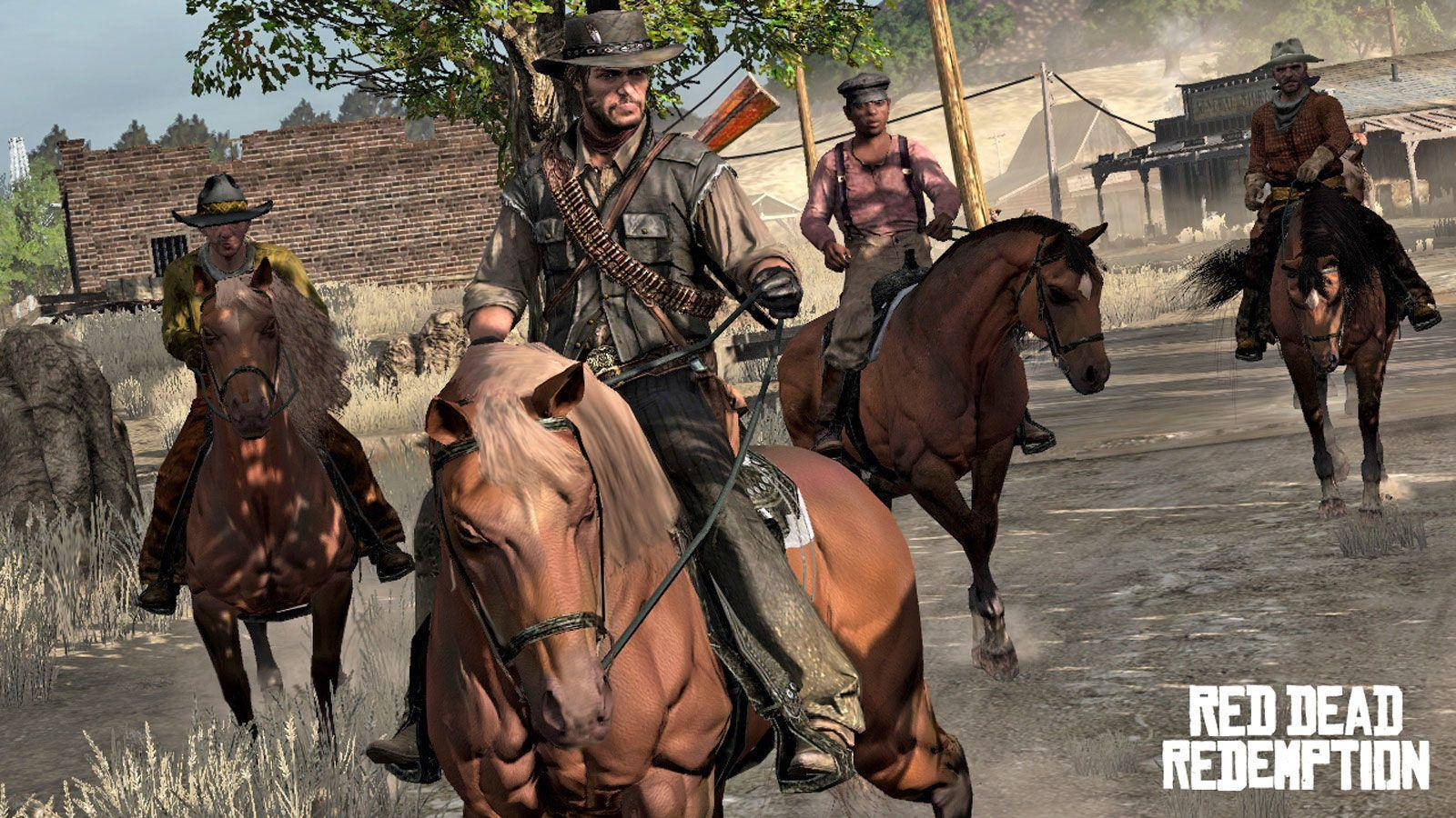 Red Dead Redemption 2, men on horses, dusty western town street, HD Desktop Wallpaper