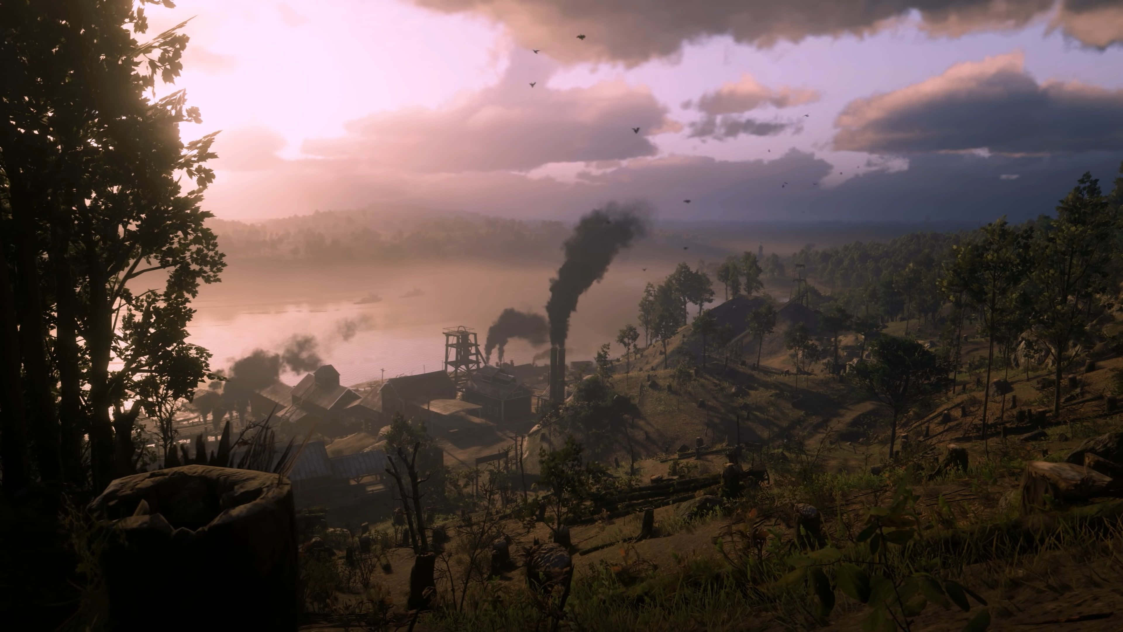 Red Dead Redemption, dawn, misty industrial valley, 4K Desktop Wallpaper
