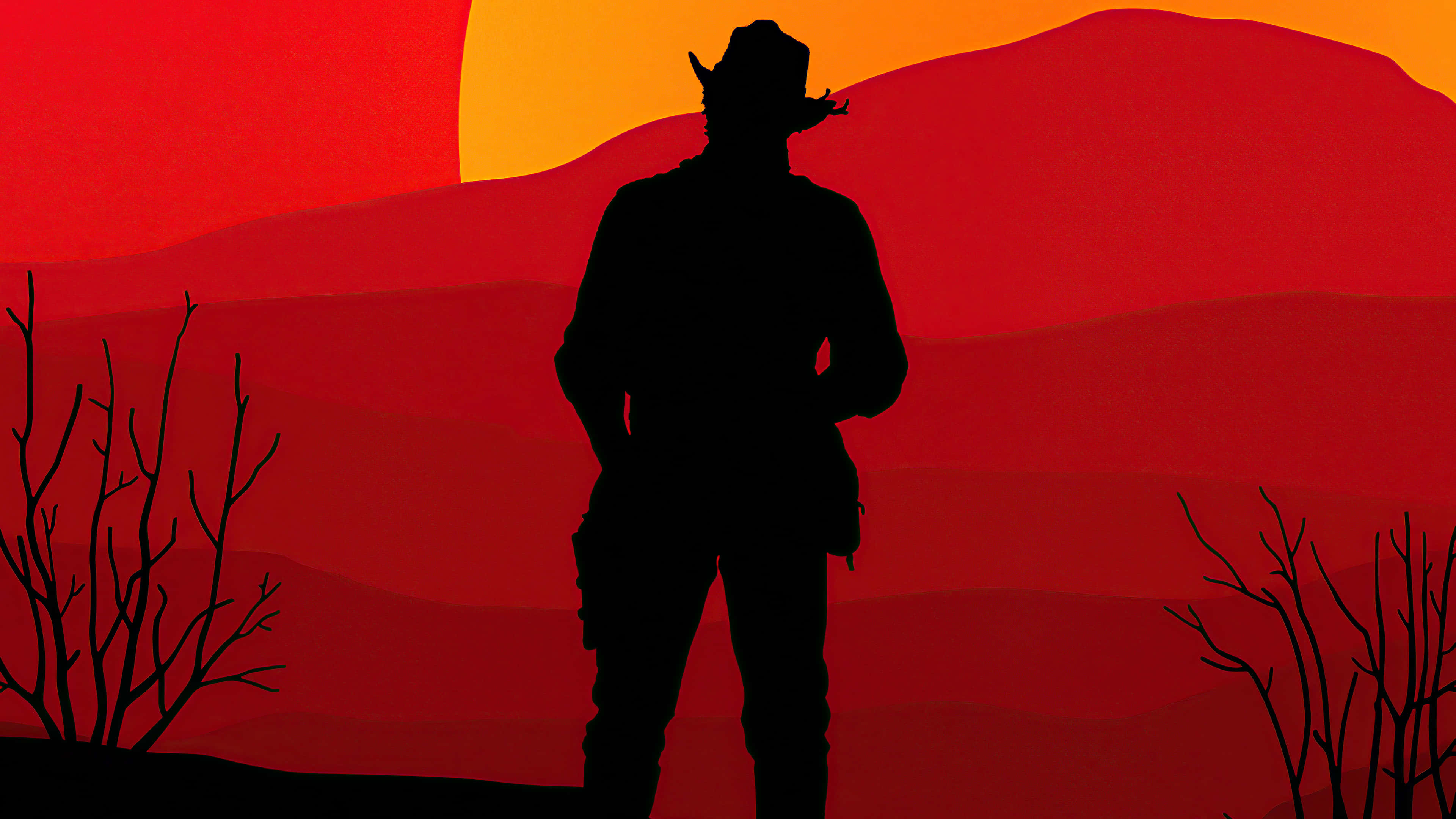 Red Dead Redemption, cowboy, fiery red and orange sunset, 4K Desktop Wallpaper