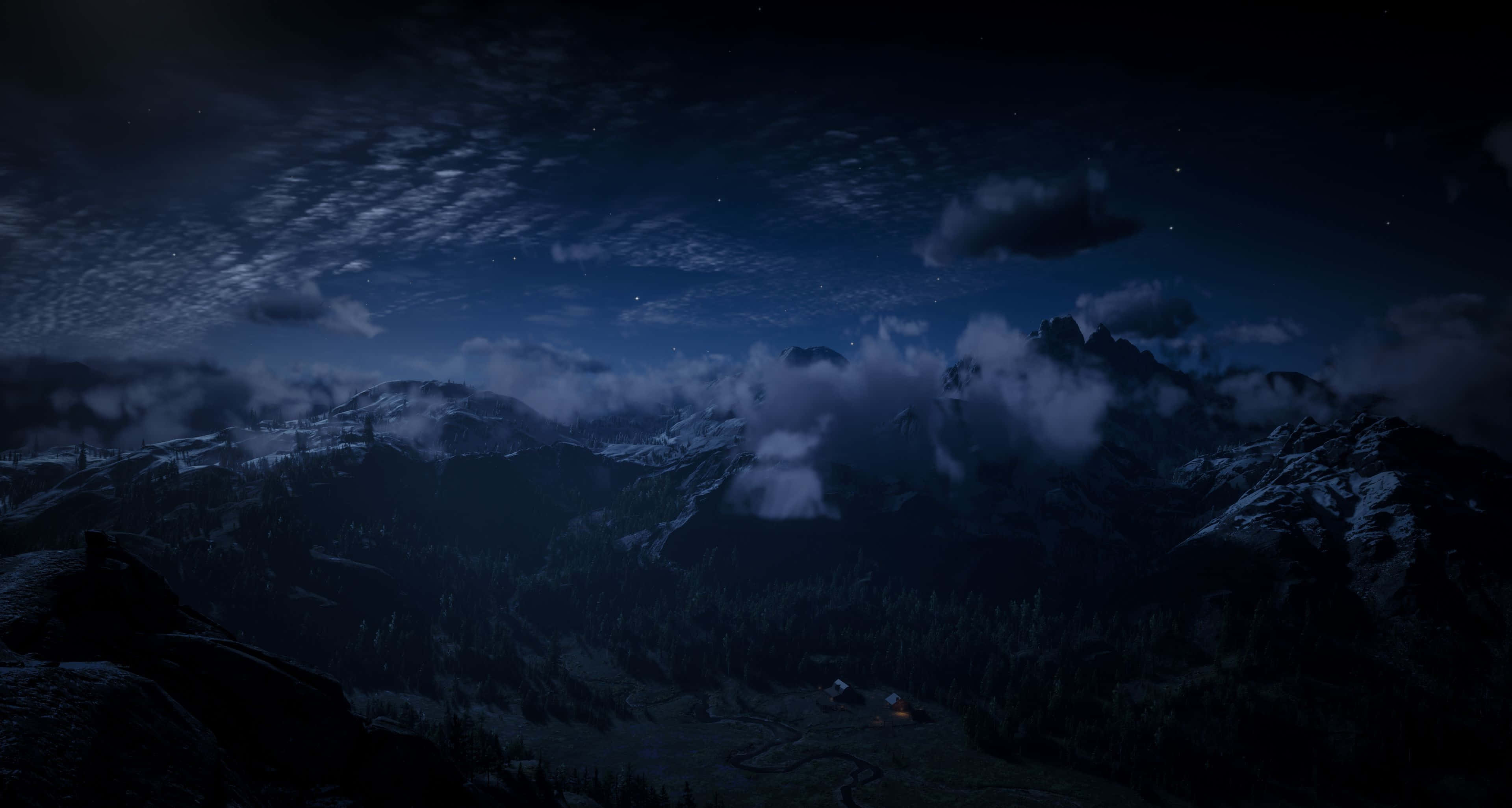 Red Dead Redemption 4K, mountain scene, campfire, 2K Desktop Wallpaper