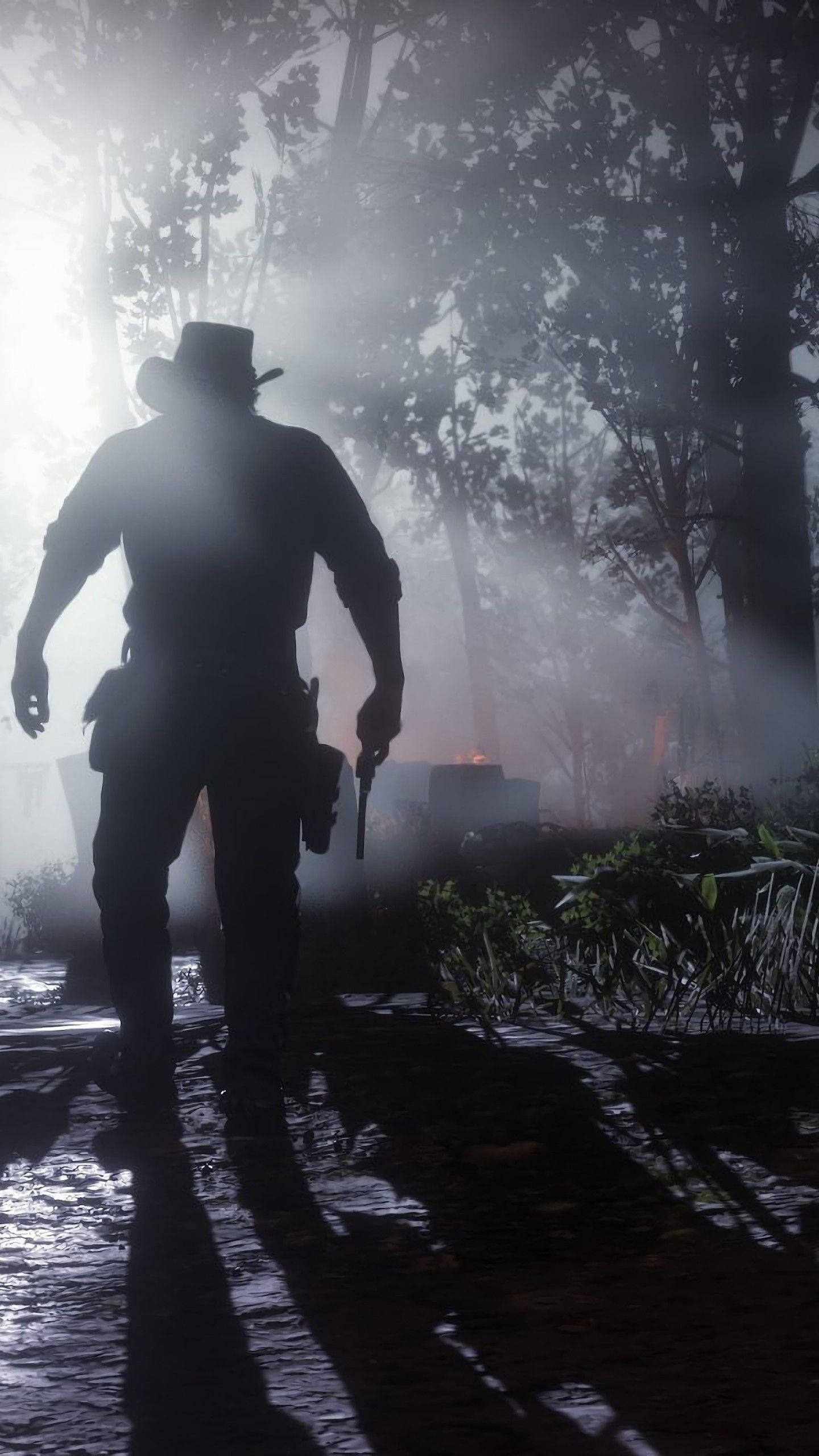 Red Dead Redemption 2, cowboy silhouette, misty forest, 2K Phone Wallpaper