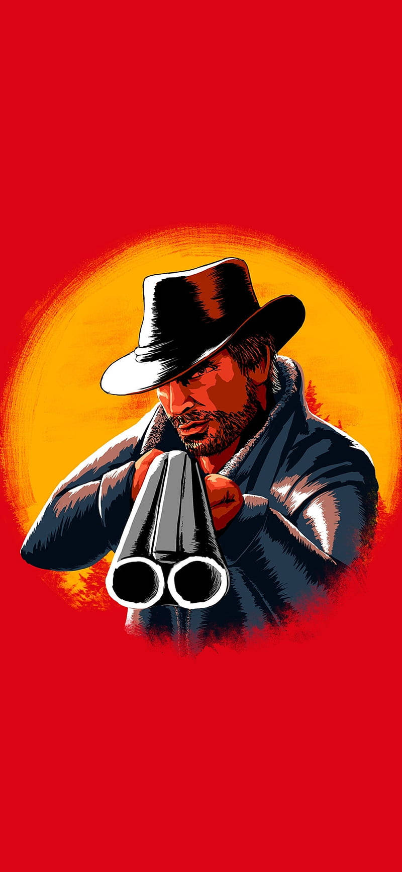 Red Dead Redemption II, double-barreled shotgun, fiery orange sun, HD Phone Wallpaper