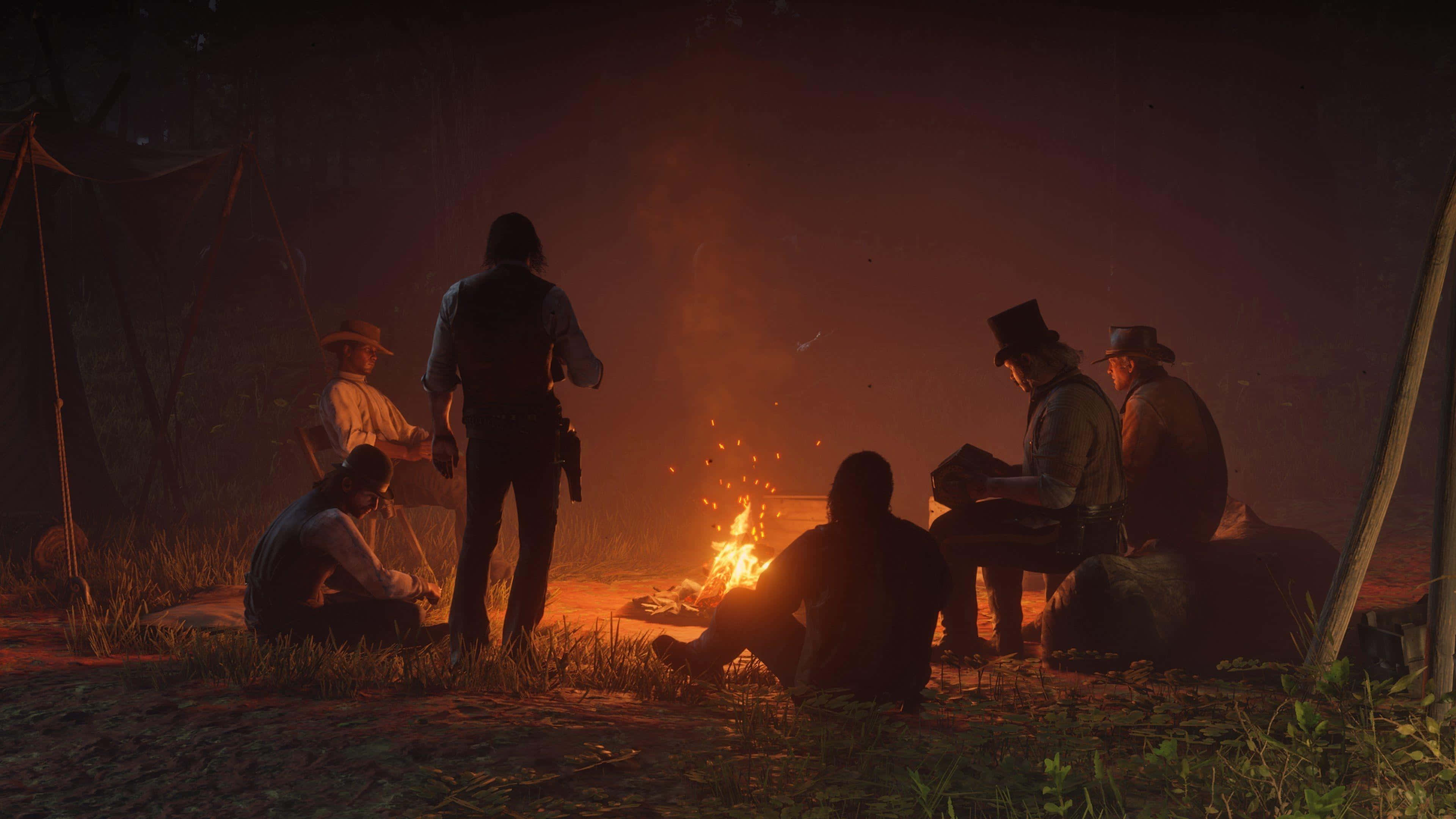 Red Dead Redemption, Bonfire, Cowboys, 4K Desktop Wallpaper