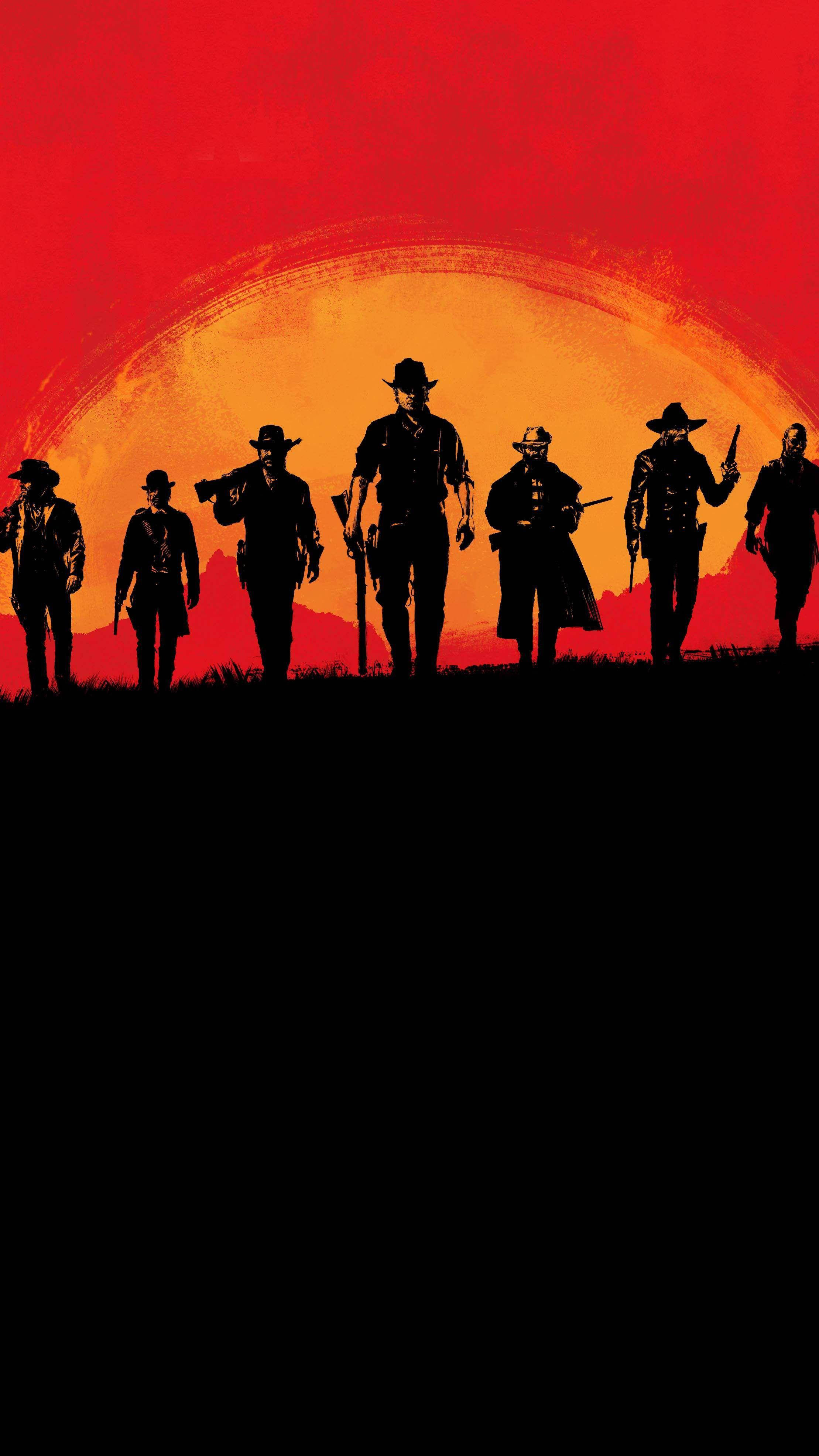 Red Dead Redemption, cowboys, fiery red and orange sunset sky, 4K Phone Wallpaper