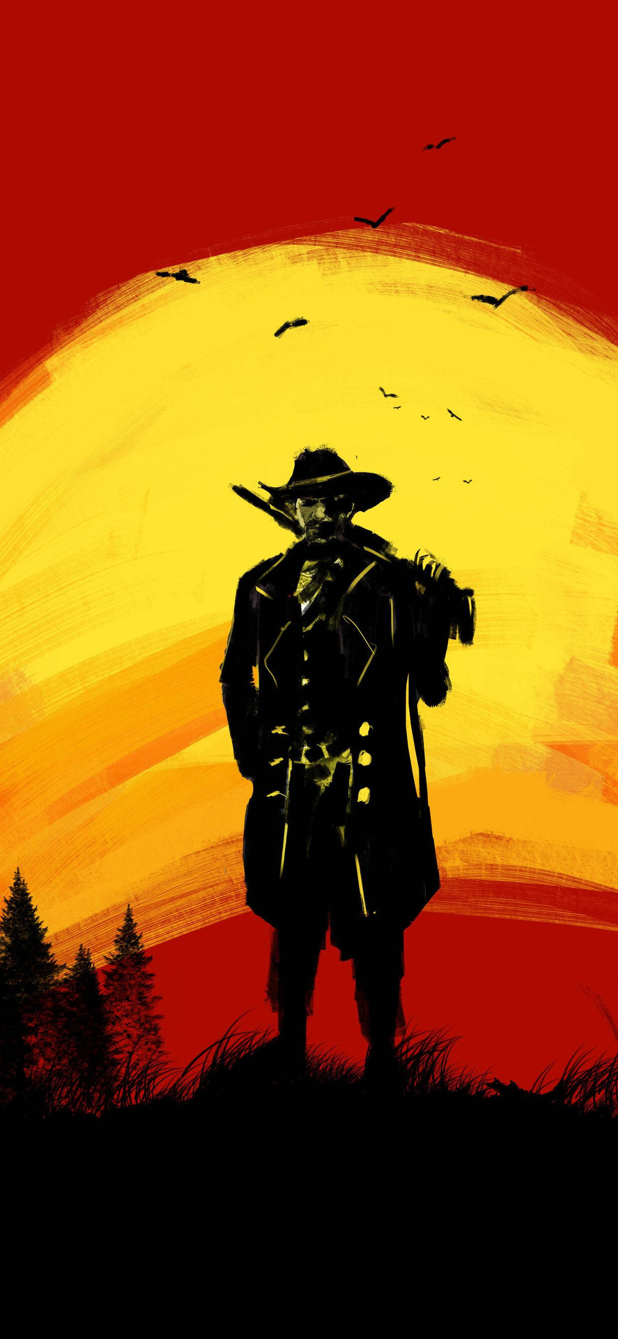 Red Dead Redemption, cowboy silhouette, fiery red and yellow sunset, 2K Phone Wallpaper