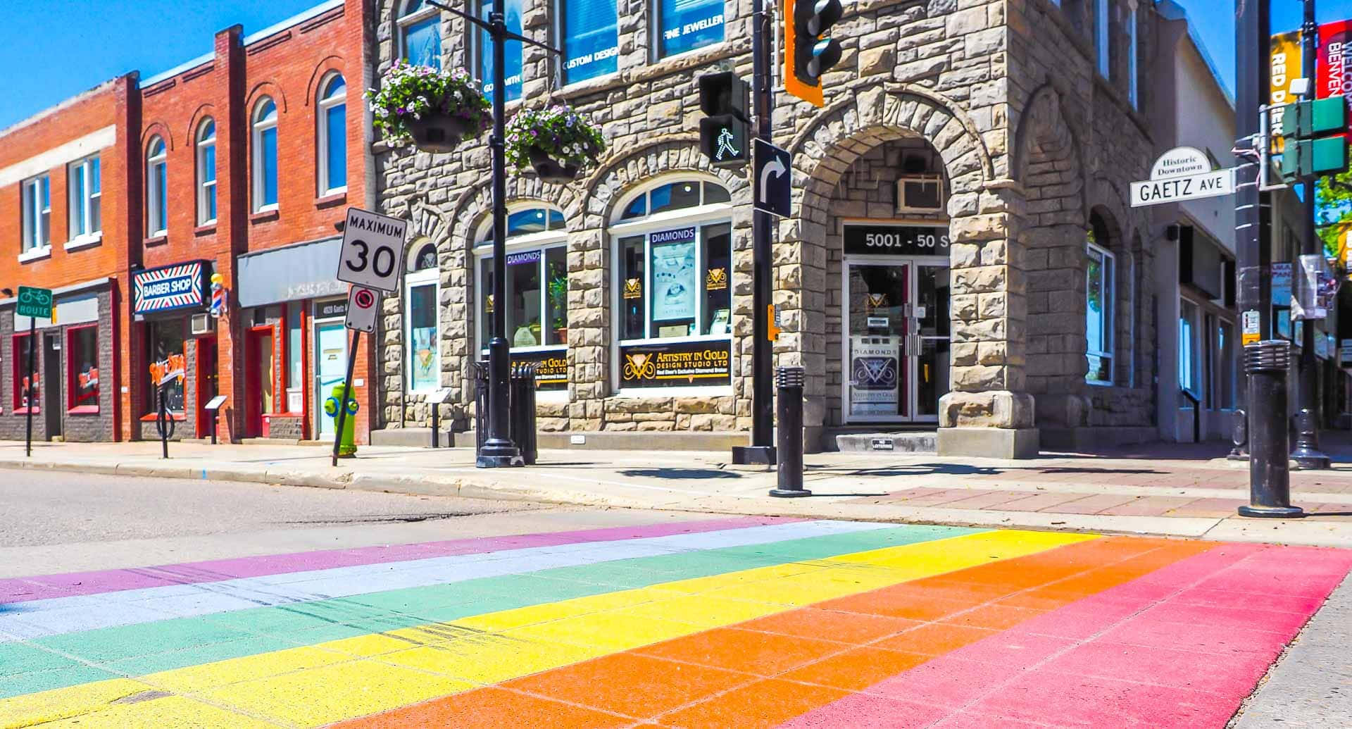 Red Deer, rainbow crosswalk, sunny urban street, Full HD Desktop Wallpaper