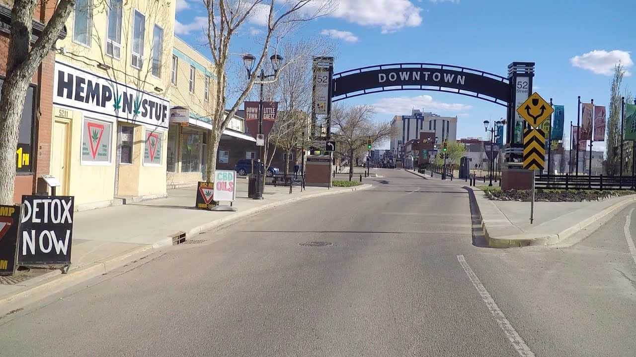 Red Deer, downtown archway entrance, blue sky, HD Desktop Wallpaper