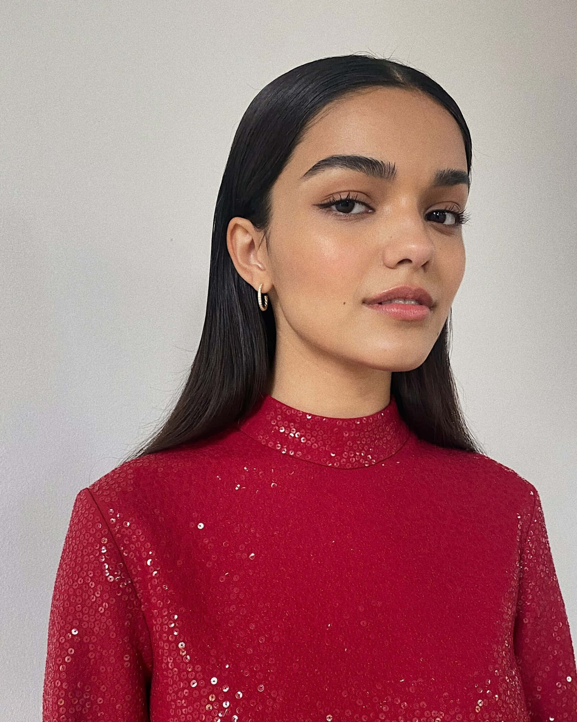 Elegant Red Top Portrait, sparkling red sequined turtleneck, long dark hair, Full HD Phone Wallpaper