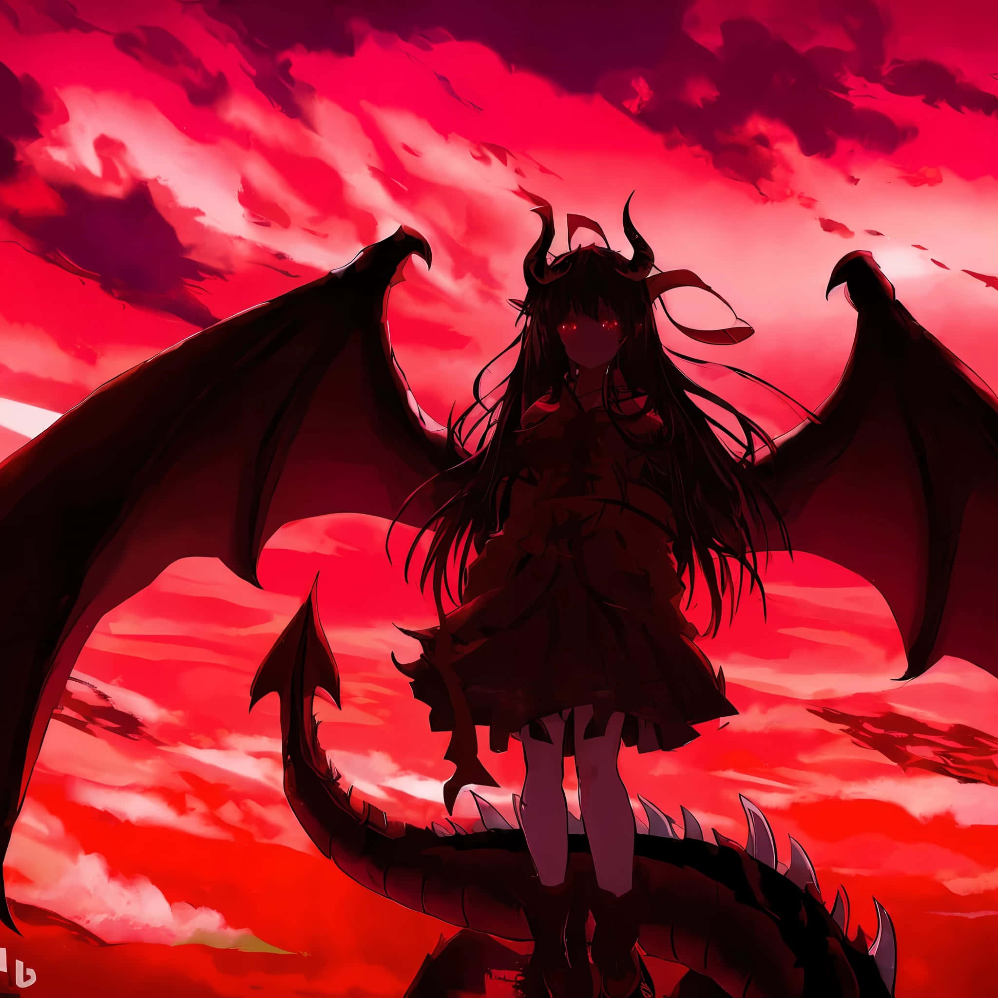 Anime Demon Girl, dark-winged, horns, Full HD Desktop Wallpaper