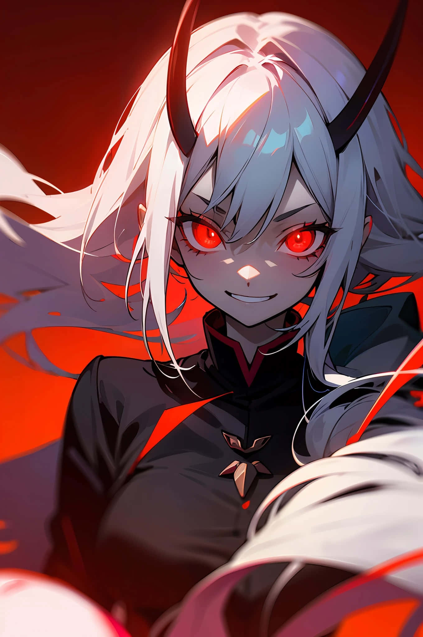 anime demon girl, white hair, red eyes, Full HD Phone Wallpaper