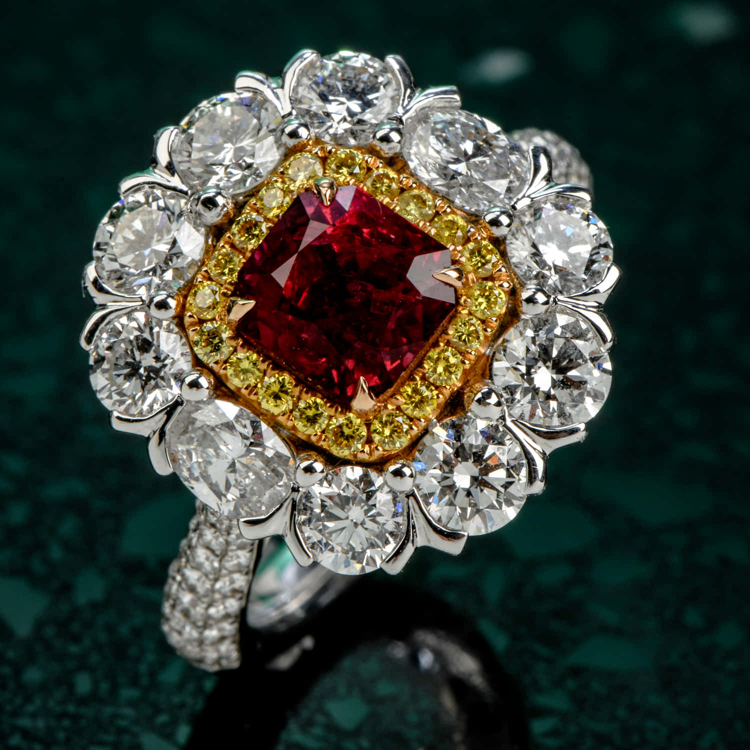 Red Diamond, cushion-cut gemstone, yellow and white diamonds, HD Desktop Wallpaper