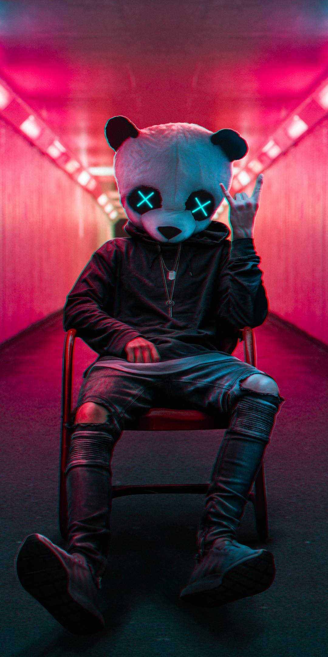 Red Dope, glowing-eyed panda mask, neon pink tunnel, Full HD Phone Wallpaper