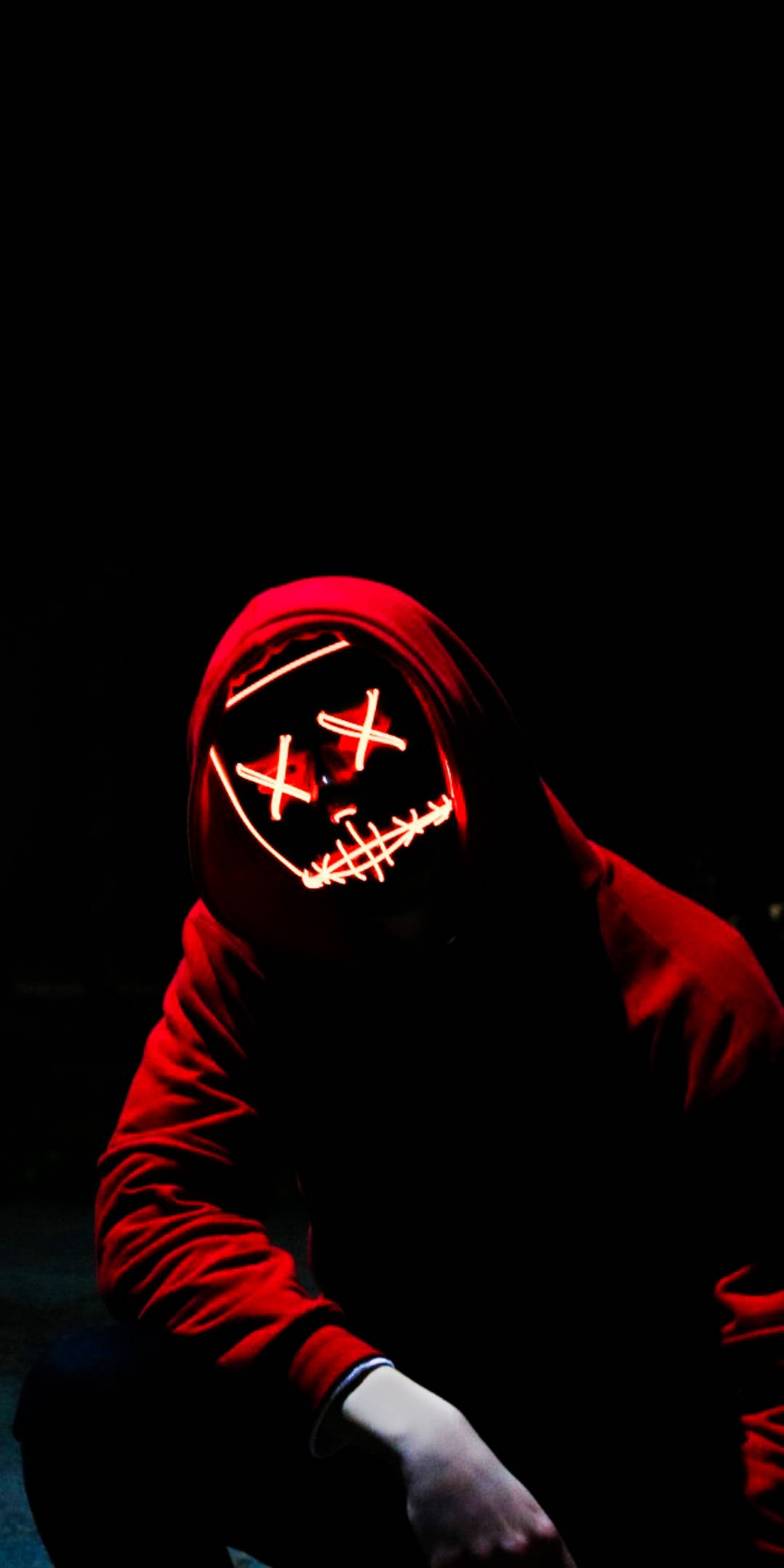 Red Dope, red hoodie, glowing red LED mask, Full HD Phone Wallpaper
