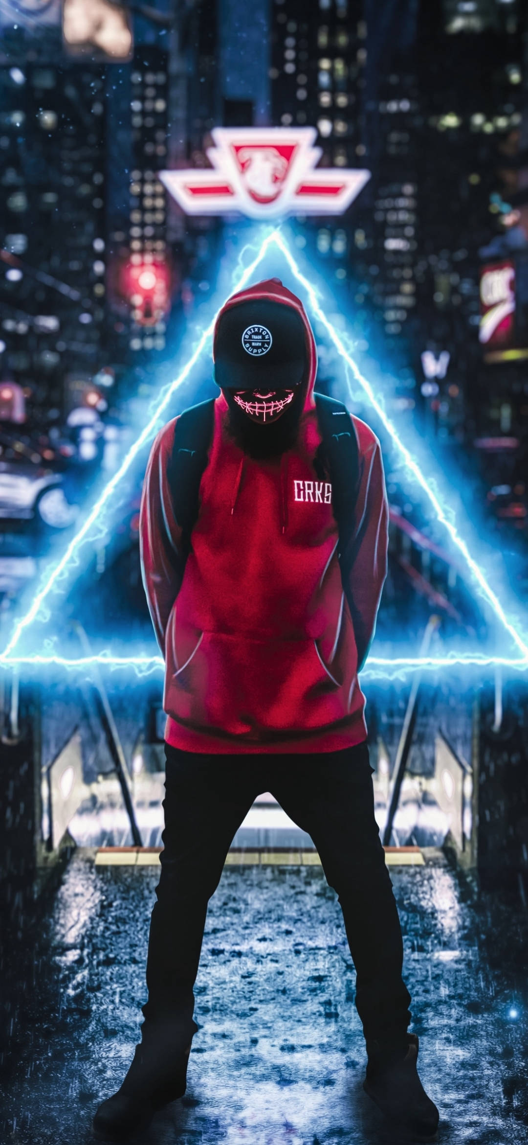 Red Dope, red hoodie, glowing blue triangle, Full HD Phone Wallpaper