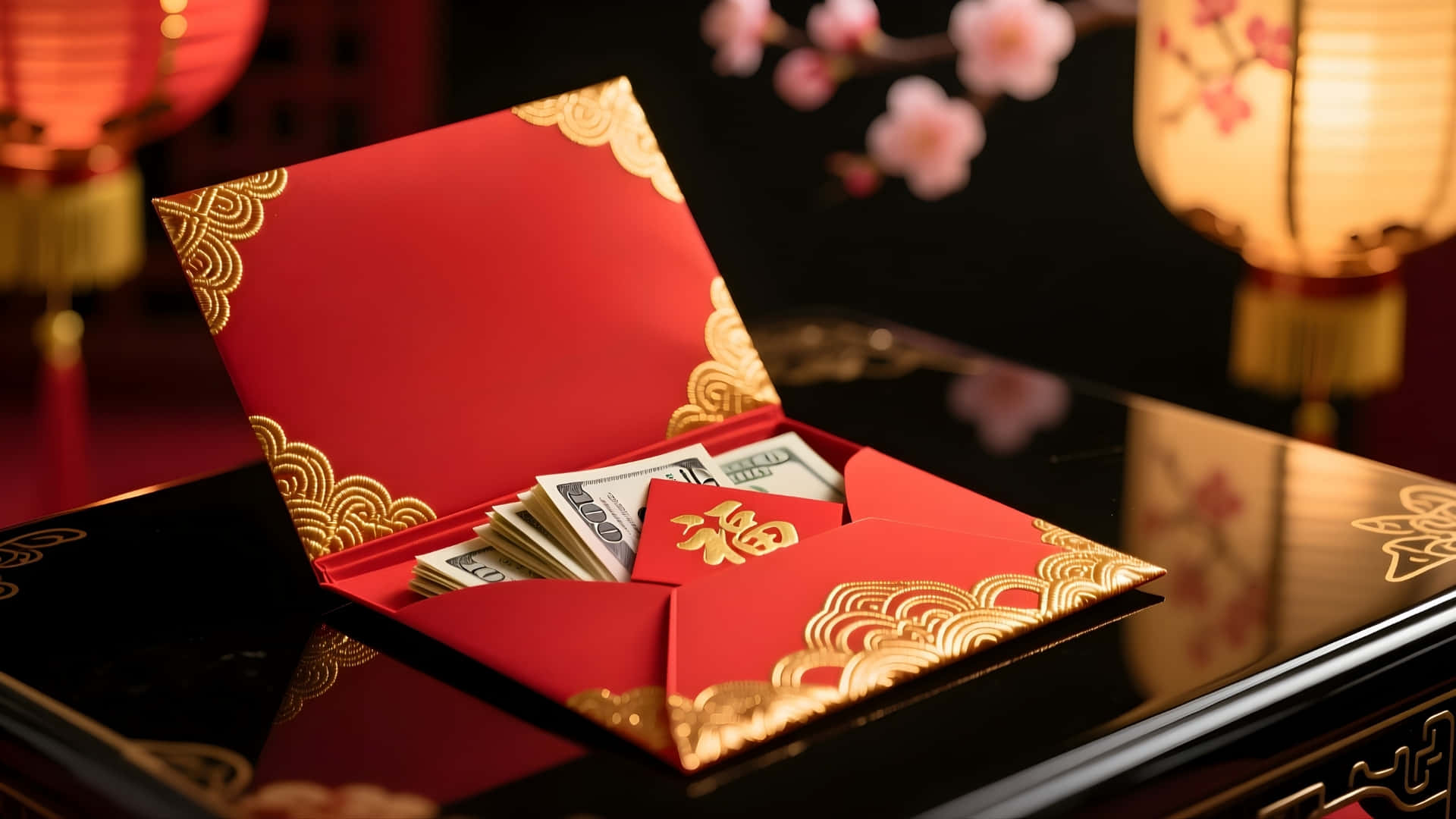 Red Envelope, gold patterns, glossy black table, Full HD Desktop Wallpaper