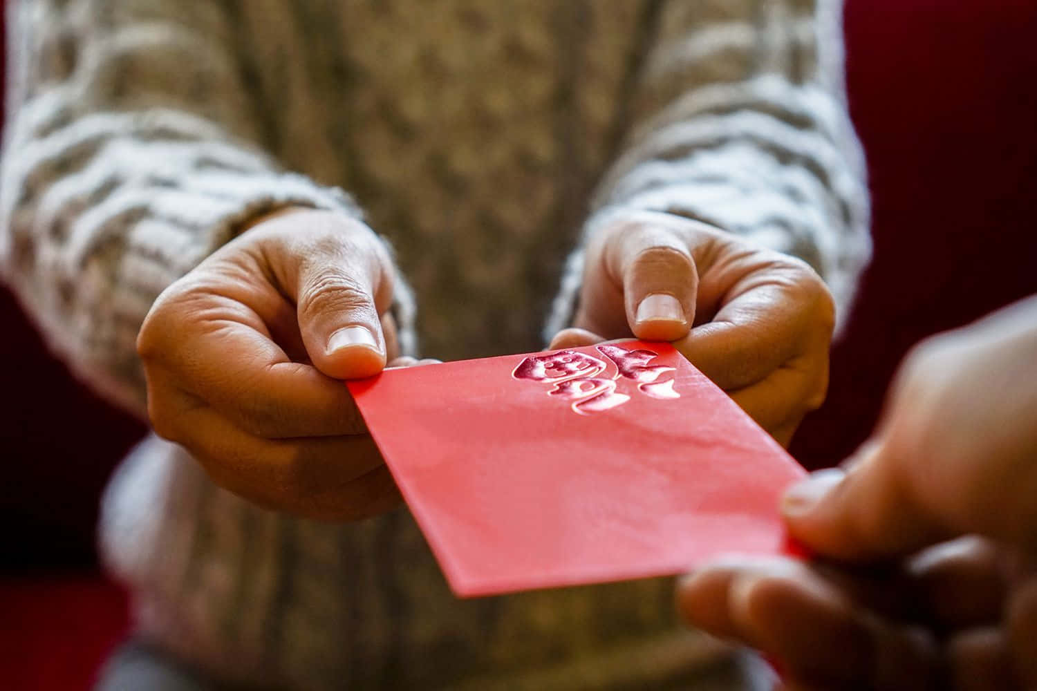 Red Envelope, gold Chinese characters, reflective surface, HD Desktop Wallpaper