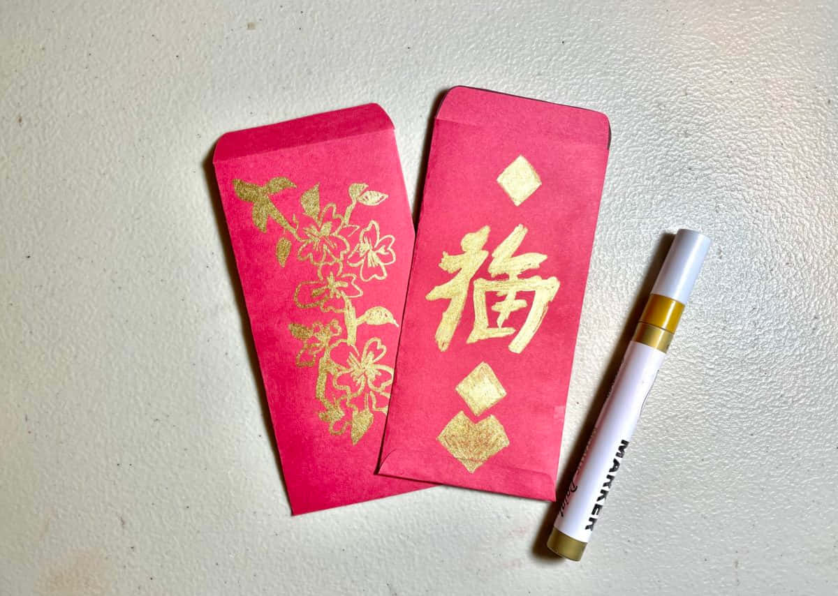 Red Envelope, wooden surface, textured off-white surface, SD Desktop Wallpaper