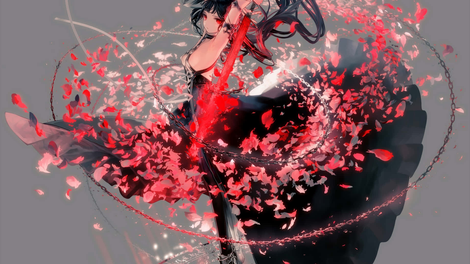 Red And Black Anime Petals, anime girl, black hair, Full HD Desktop Wallpaper