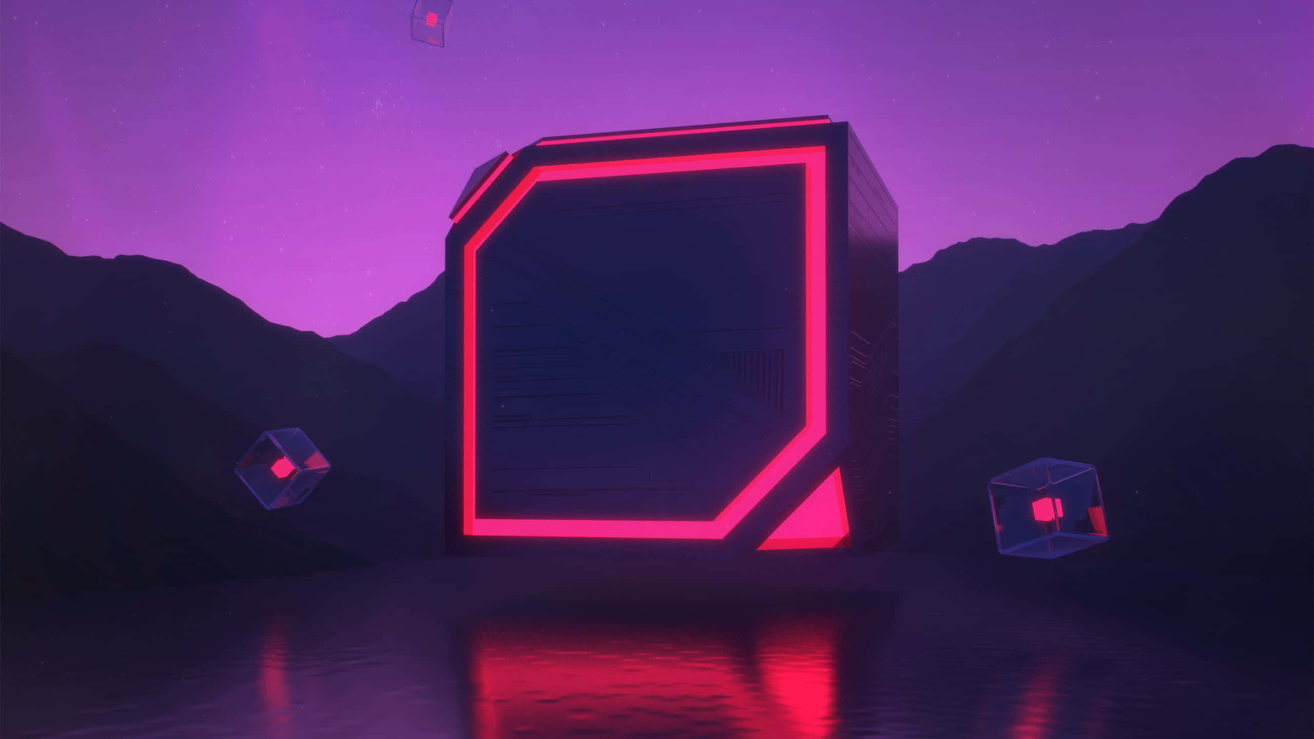Red Gaming, neon cube, purple mountainous twilight sky, 2K Desktop Wallpaper