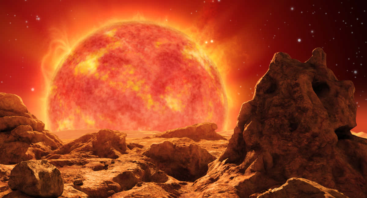 Red Giant, fiery red sun, rocky alien landscape, SD Desktop Wallpaper