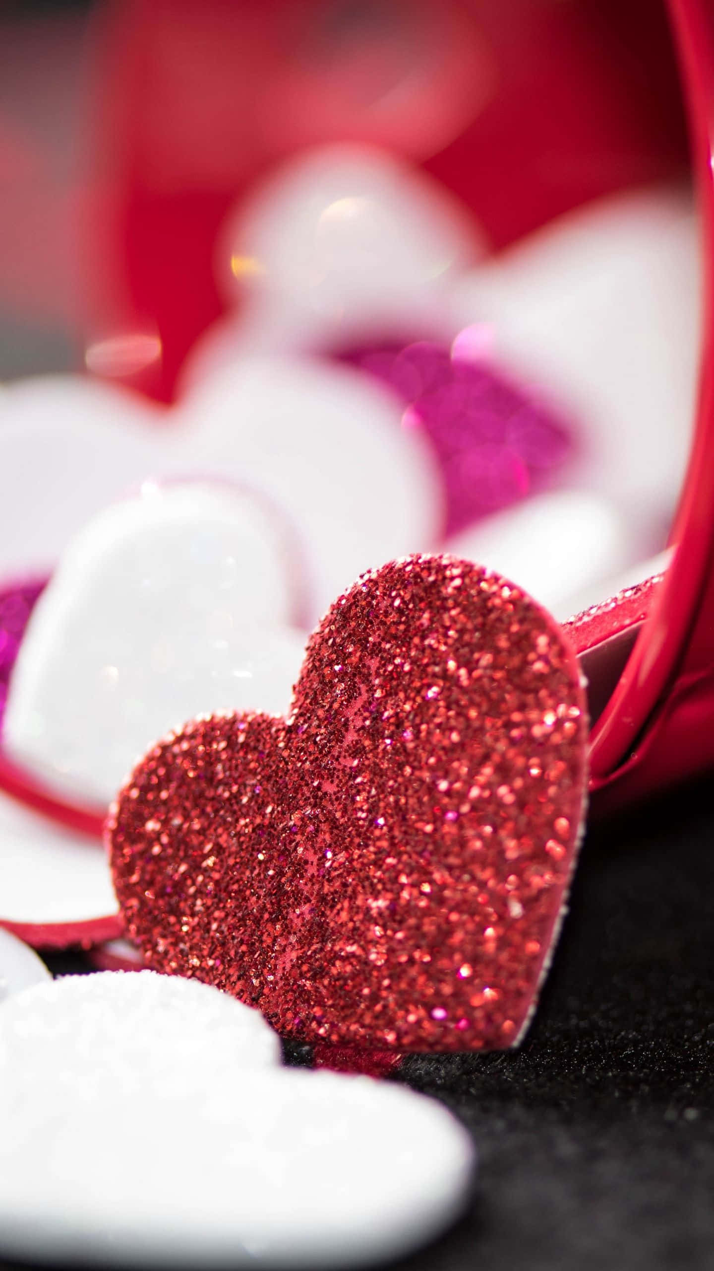 red glitter heart, white hearts, red container, 2K Phone Wallpaper