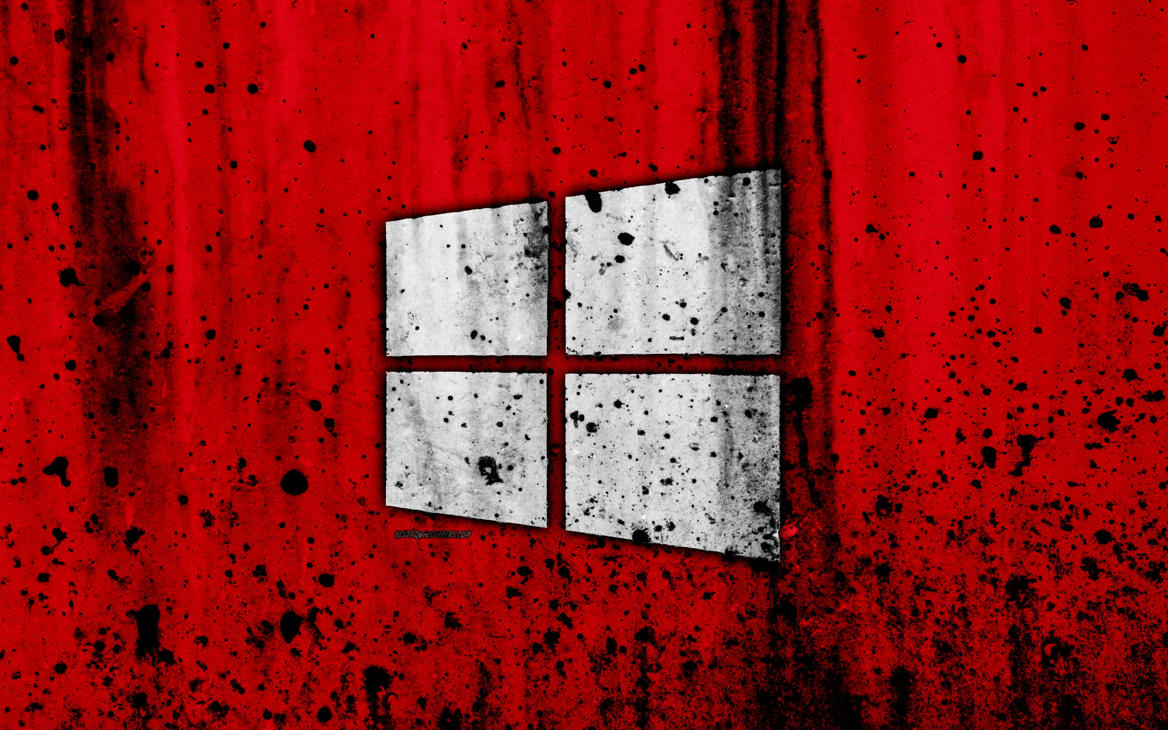 red, grungy, white Windows logo, 4K Desktop Wallpaper