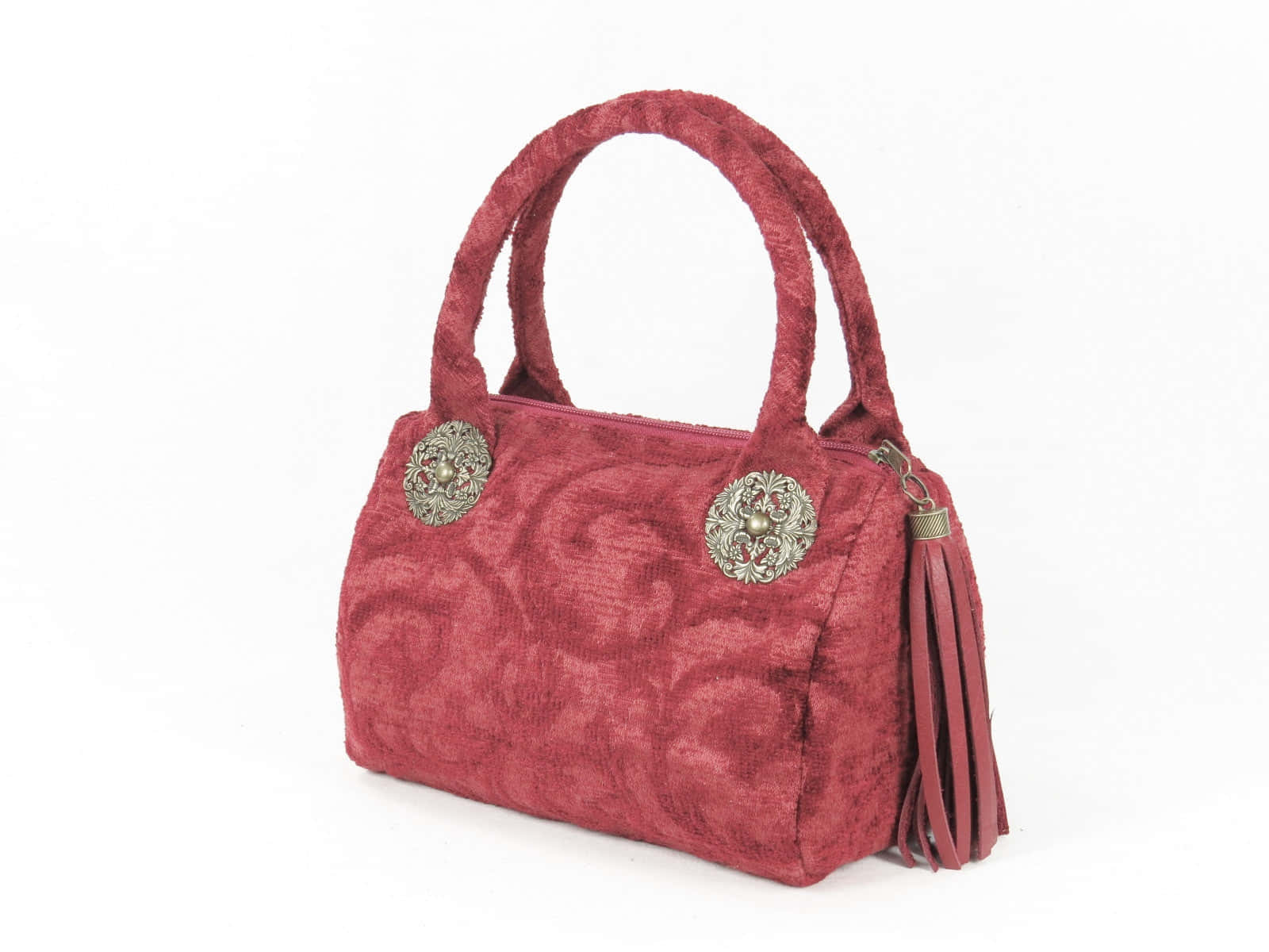red handbag, burgundy velvet, silver medallions, HD Desktop Wallpaper