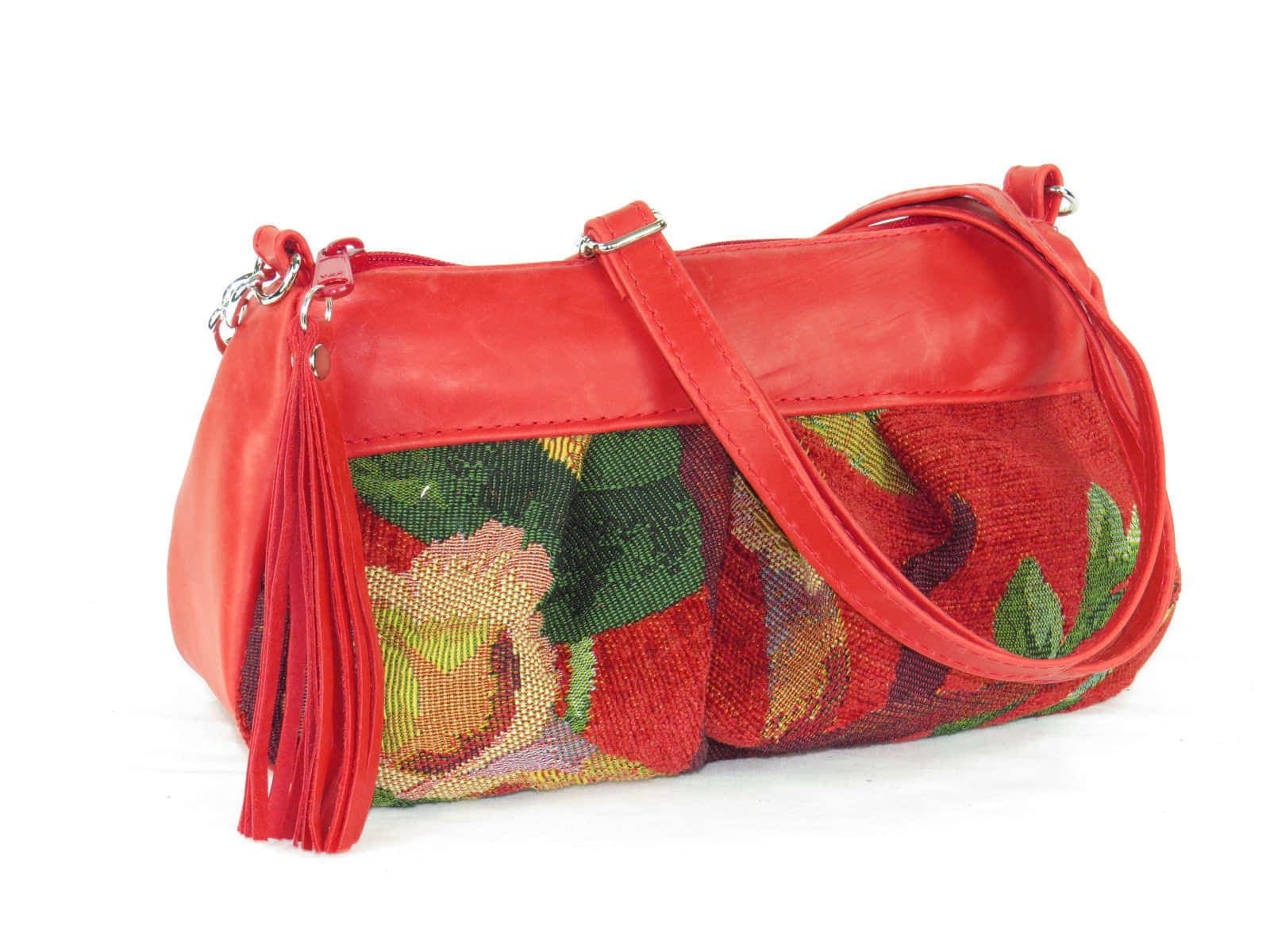 red handbag, floral tapestry panel, tassel, HD Desktop Wallpaper