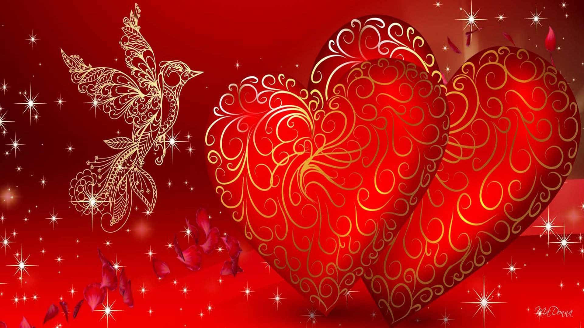 Red Heart, gold filigree patterns, starry red background, Full HD Desktop Wallpaper