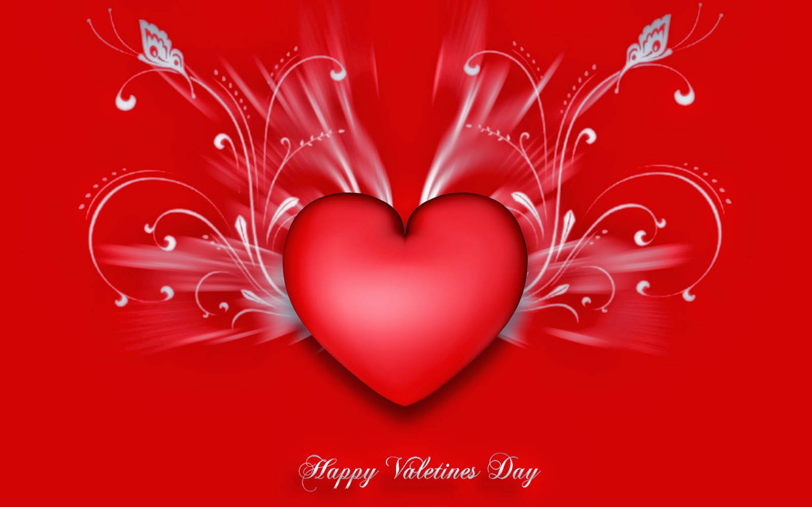 glossy red heart, vibrant red backdrop, elegant white swirling flourishes, HD Desktop Wallpaper