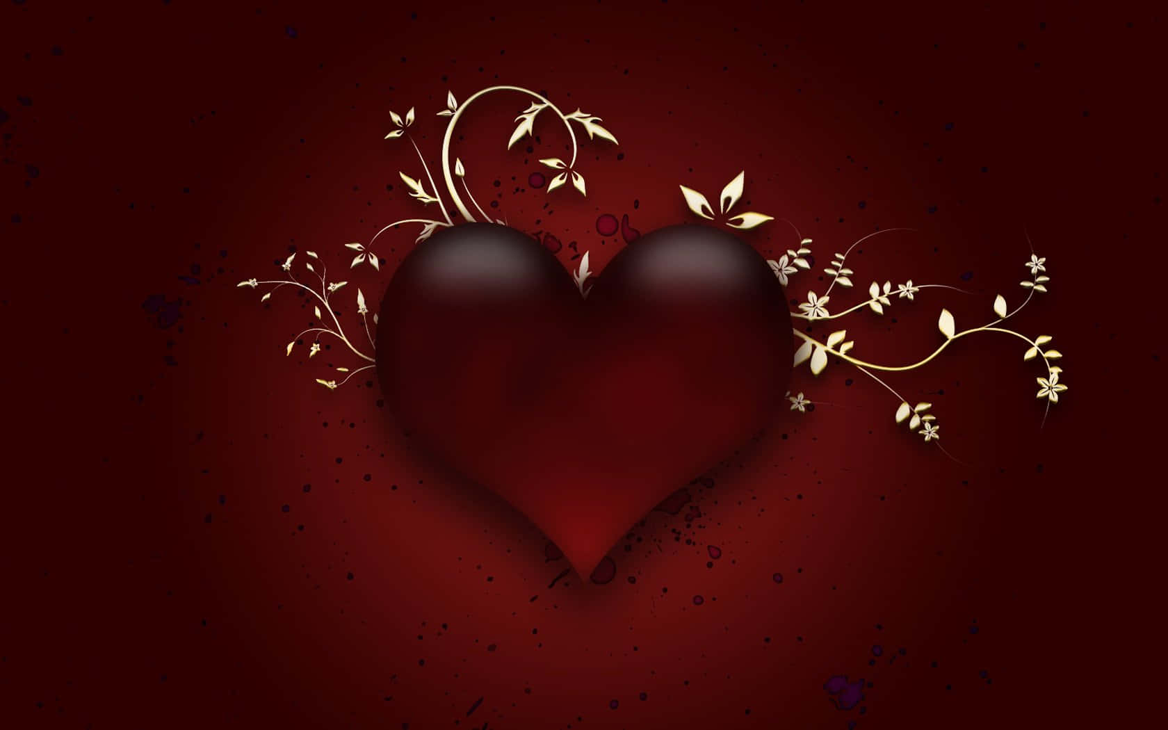 Red Heart, glossy dark red heart, golden vines and leaves, HD Desktop Wallpaper