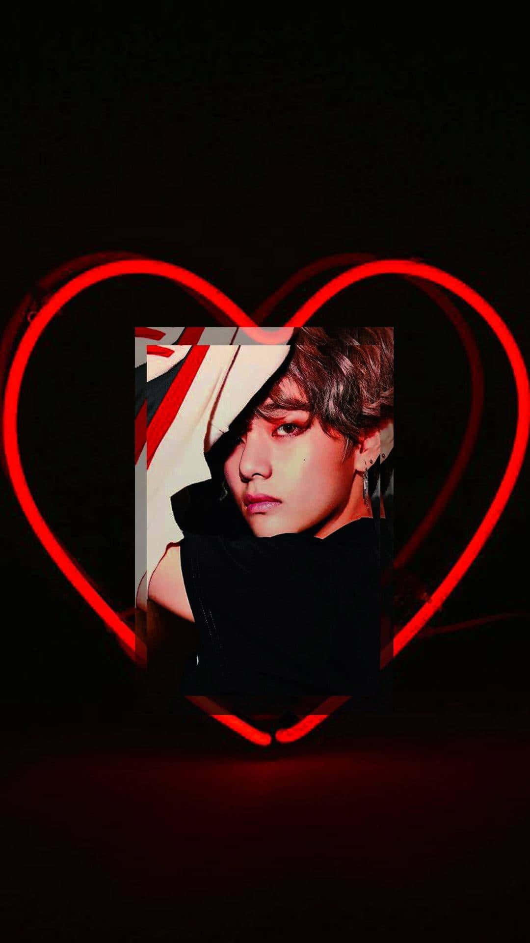 Red Cute Aesthetic V, glowing red neon heart, tousled hair, Full HD Phone Wallpaper