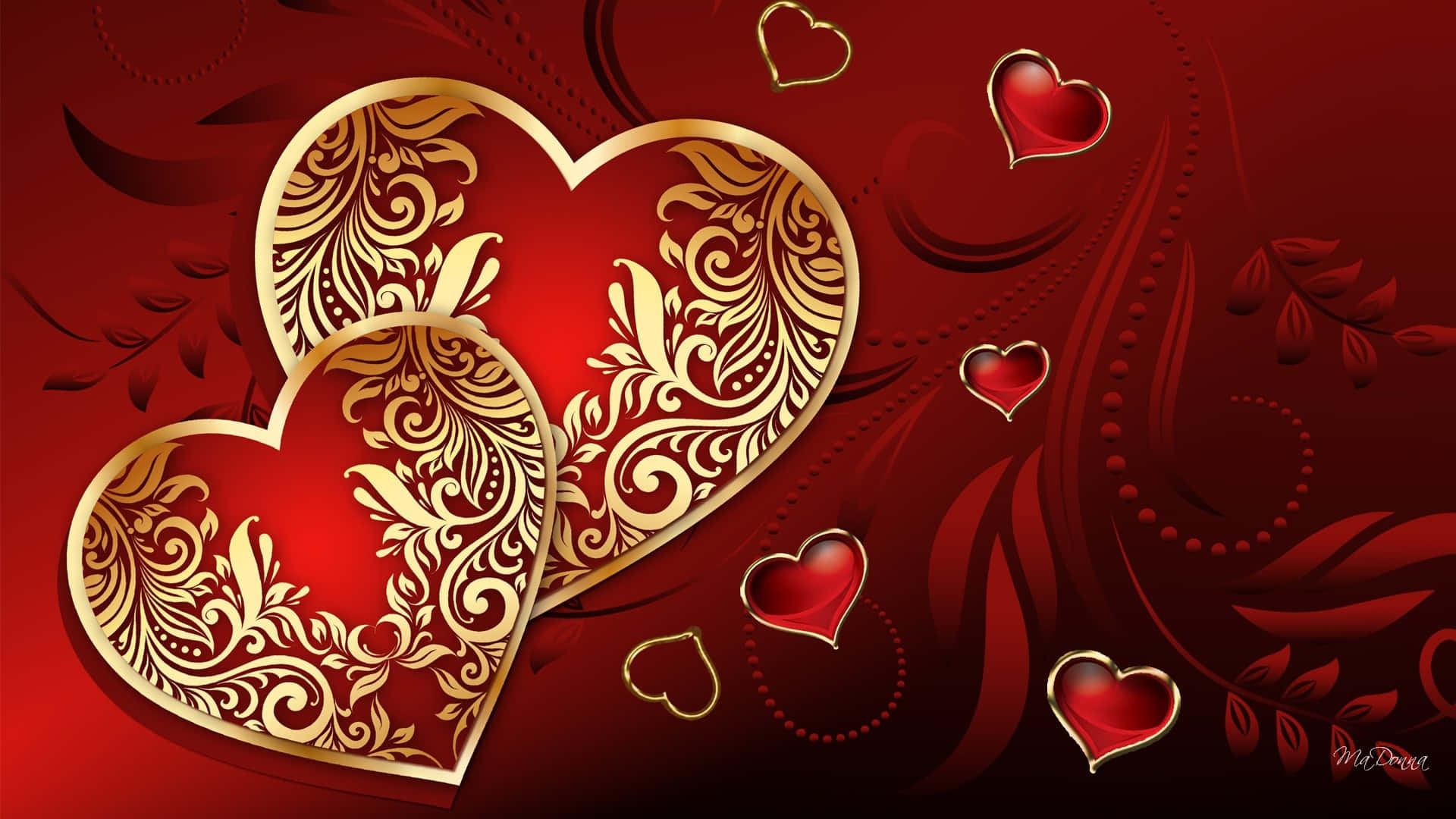 Red Heart, gold hearts, floral patterns, Full HD Desktop Wallpaper