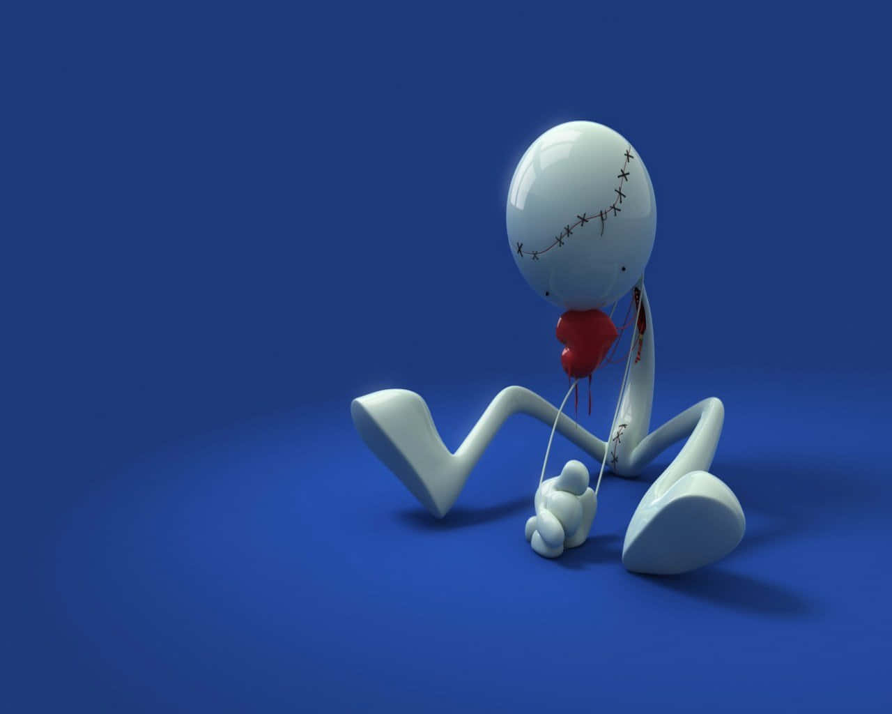 white stitched stick figure, red heart wound, blue floor, HD Desktop Wallpaper