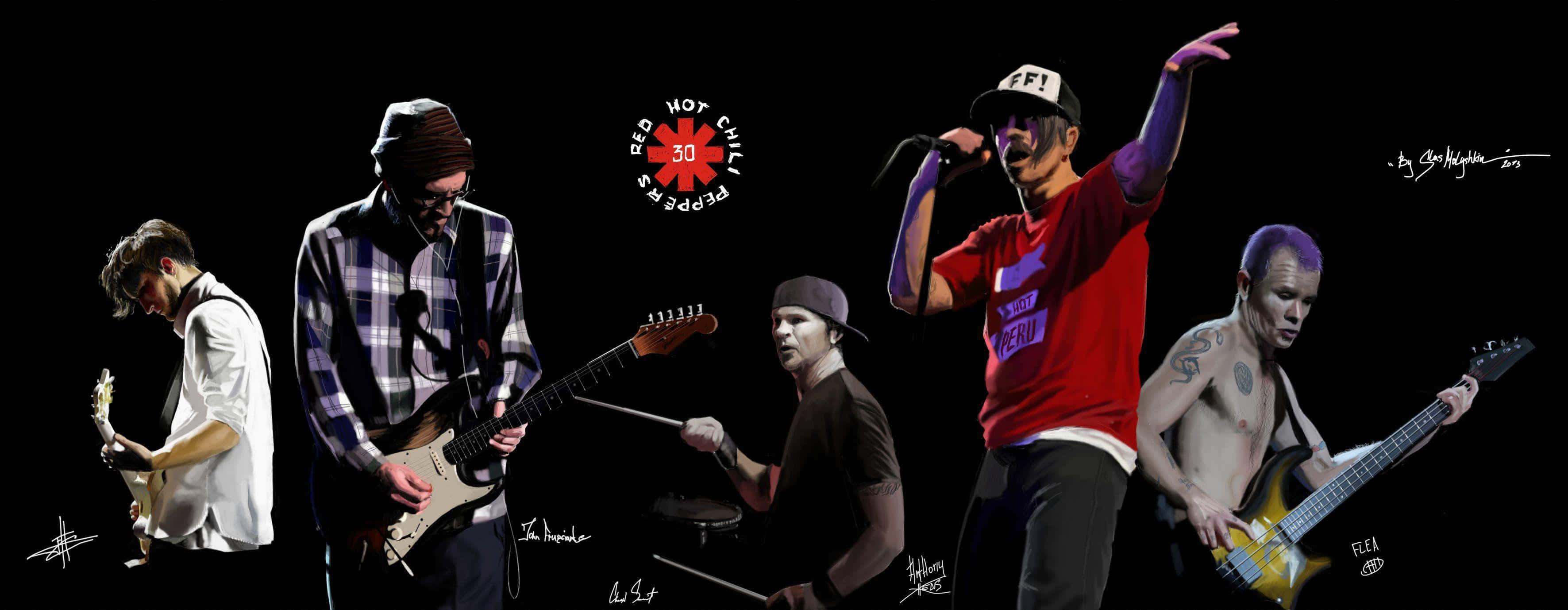 Red Hot Chili Peppers, black background, instruments, 2K Desktop Wallpaper
