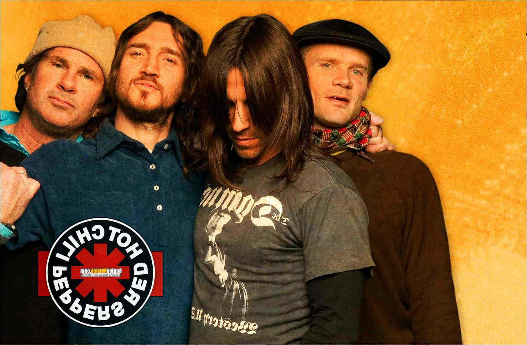 Red Hot Chili Peppers logo, textured orange wall, four men, HD Desktop Wallpaper